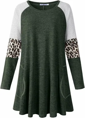 JollieLovin Plus Size Tunic Tops for Women Long Sleeve Crew Neck Swing Tunic Shirts with Pockets Loose Fit Color Block Blouse