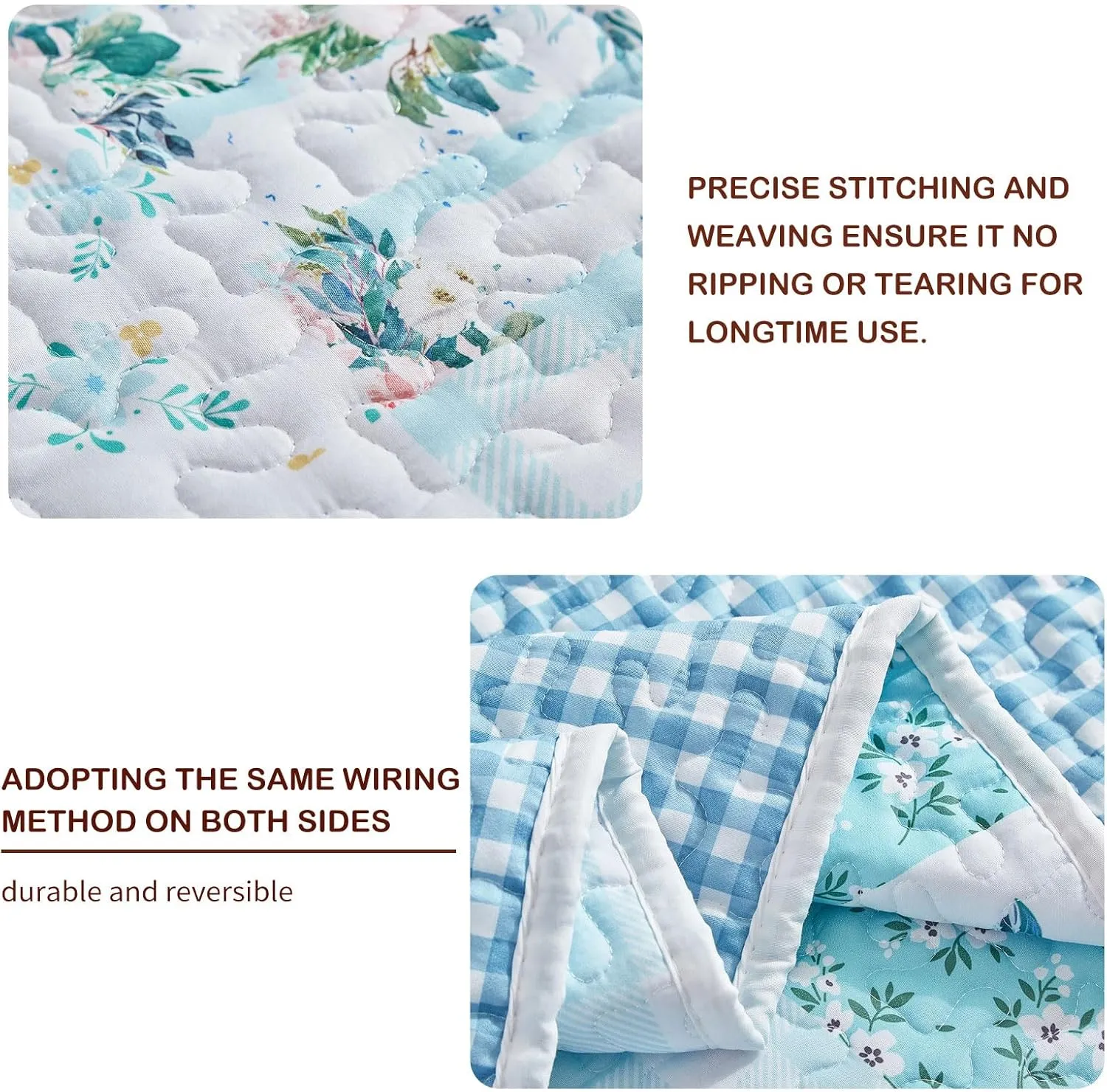 Joyreap 3 Pieces Floral Patchwork Quilt Set Queen, Blue n White Flowers Design, Soft n Cozy Microfiber Quilt, Bedspread Bed Cover for All Season, 1 Quilt and 2 Pillow Shams- 90x90 inches