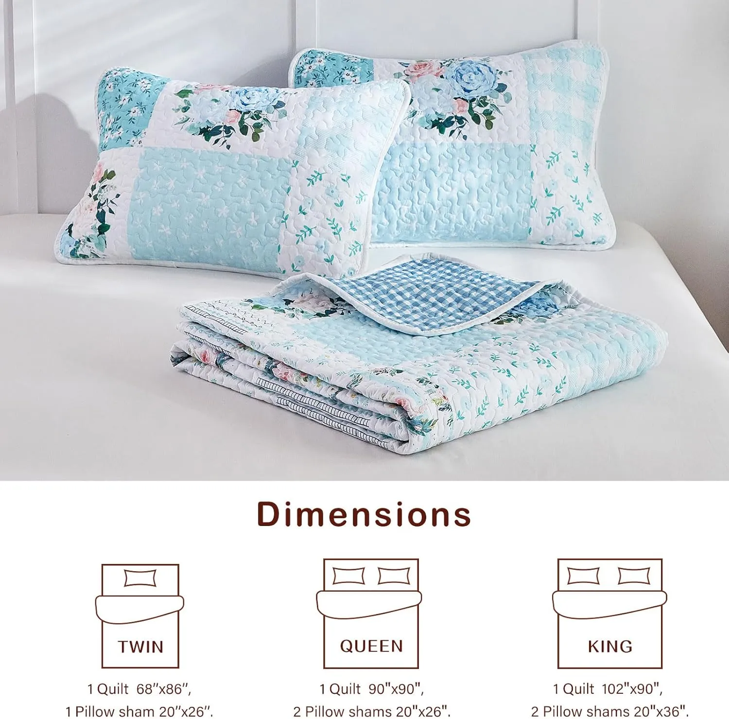 Joyreap 3 Pieces Floral Patchwork Quilt Set Queen, Blue n White Flowers Design, Soft n Cozy Microfiber Quilt, Bedspread Bed Cover for All Season, 1 Quilt and 2 Pillow Shams- 90x90 inches