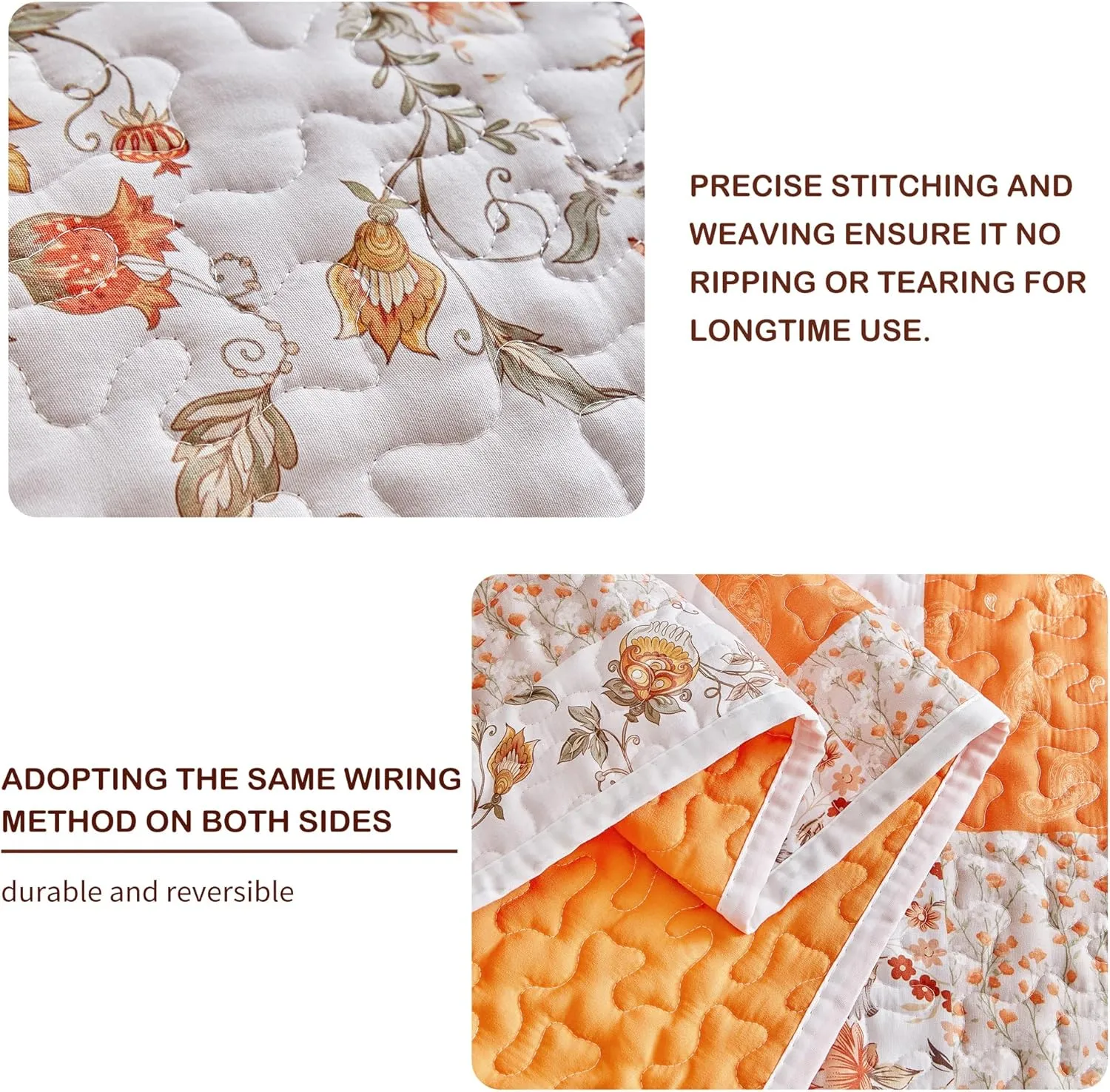Joyreap 3 Pieces Floral Patchwork Quilt Set Queen, Orange n White Flowers Design, Smooth Soft Microfiber Quilt, Bedspread Bed Cover for All Season- 90x90 inches