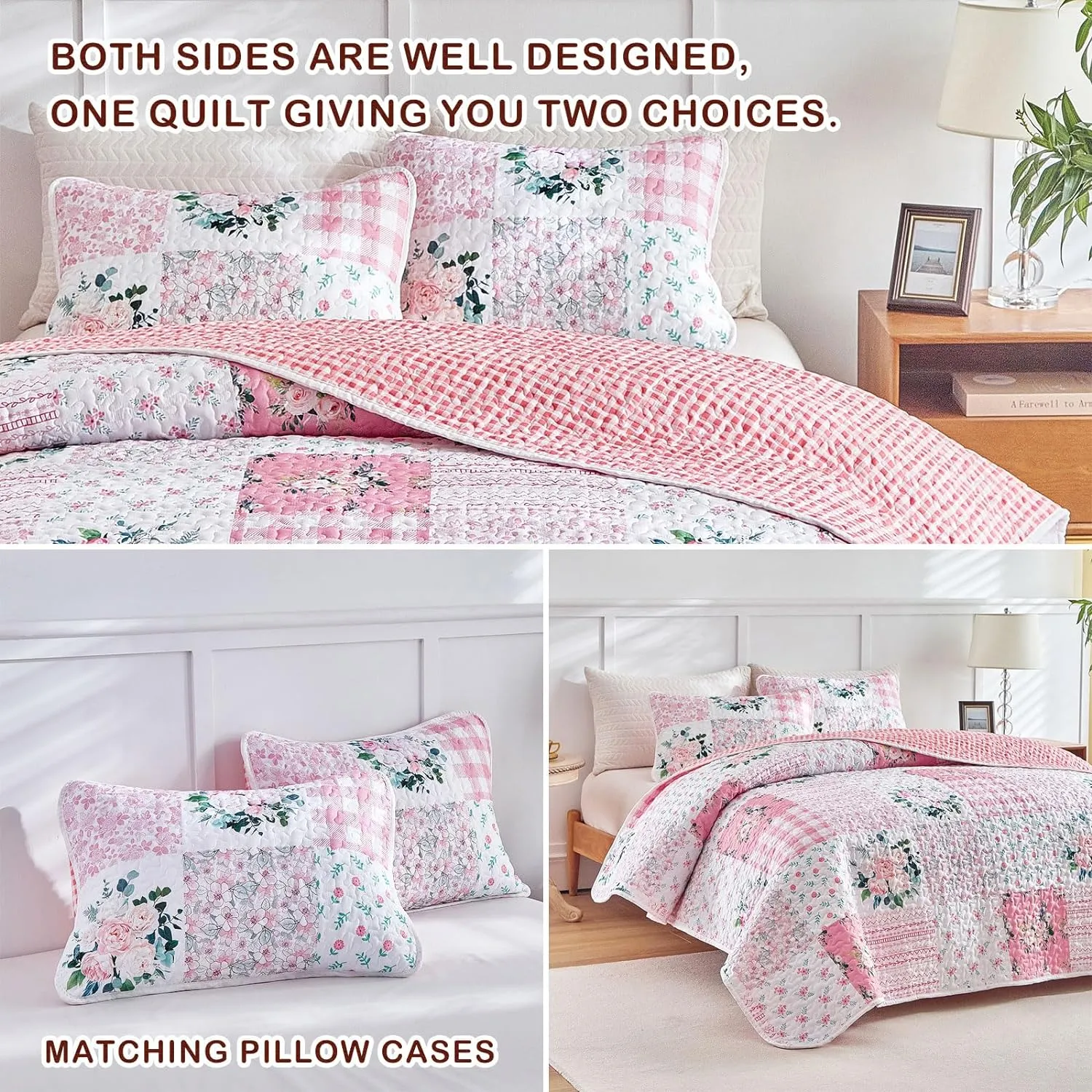 Joyreap 3 Pieces Floral Patchwork Quilt Set Queen, Pink n White Flowers Design, Soft n Cozy Microfiber Quilt, Bedspread Bed Cover for All Season, 1 Quilt and 2 Pillow Shams- 90x90 inches
