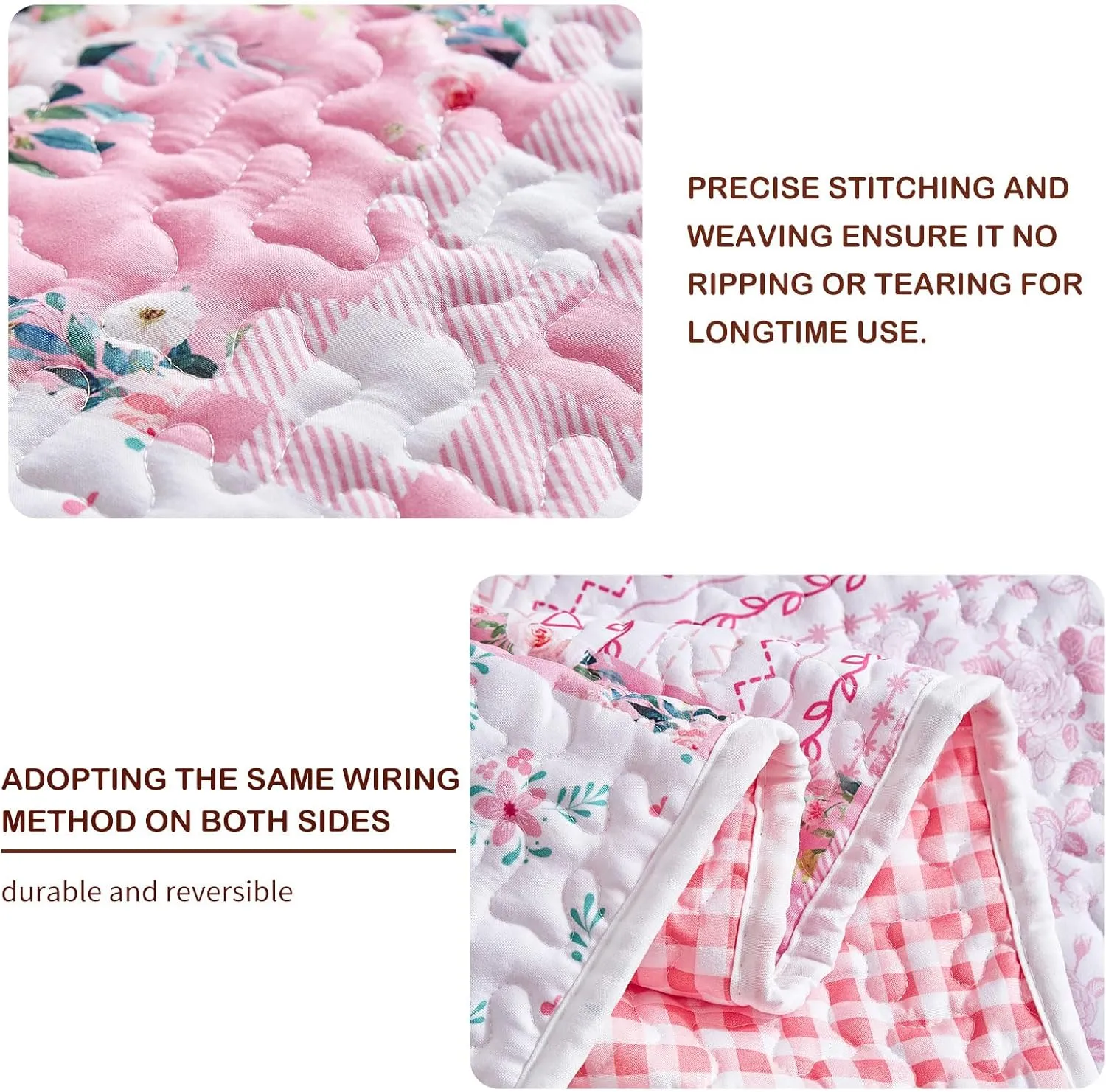 Joyreap 3 Pieces Floral Patchwork Quilt Set Queen, Pink n White Flowers Design, Soft n Cozy Microfiber Quilt, Bedspread Bed Cover for All Season, 1 Quilt and 2 Pillow Shams- 90x90 inches