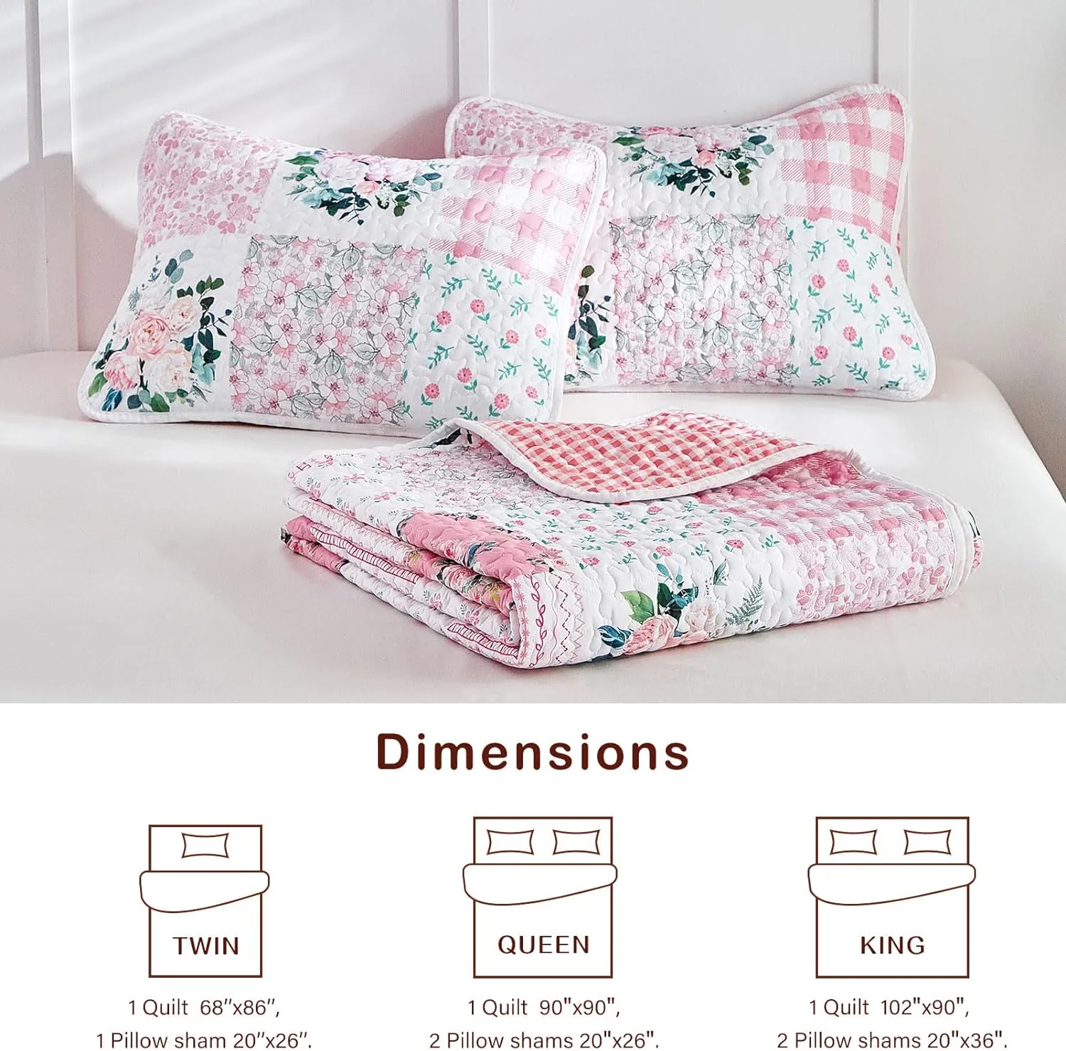 Joyreap 3 Pieces Floral Patchwork Quilt Set Queen, Pink n White Flowers Design, Soft n Cozy Microfiber Quilt, Bedspread Bed Cover for All Season, 1 Quilt and 2 Pillow Shams- 90x90 inches