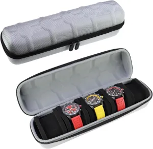 Juntan 5 Slots Hard Watch Travel Case, Portable Nylon Zipper Storage Organizer Box for Men Women with Soft Compressible Foam Pillow Black Silver (Silver, 5 Slots Nylon)