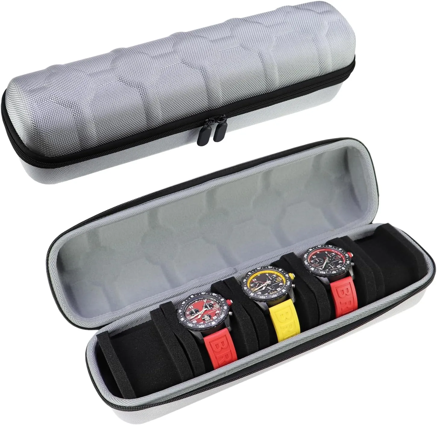 Juntan 5 Slots Hard Watch Travel Case, Portable Nylon Zipper Storage Organizer Box for Men Women with Soft Compressible Foam Pillow Black Silver (Silver, 5 Slots Nylon)