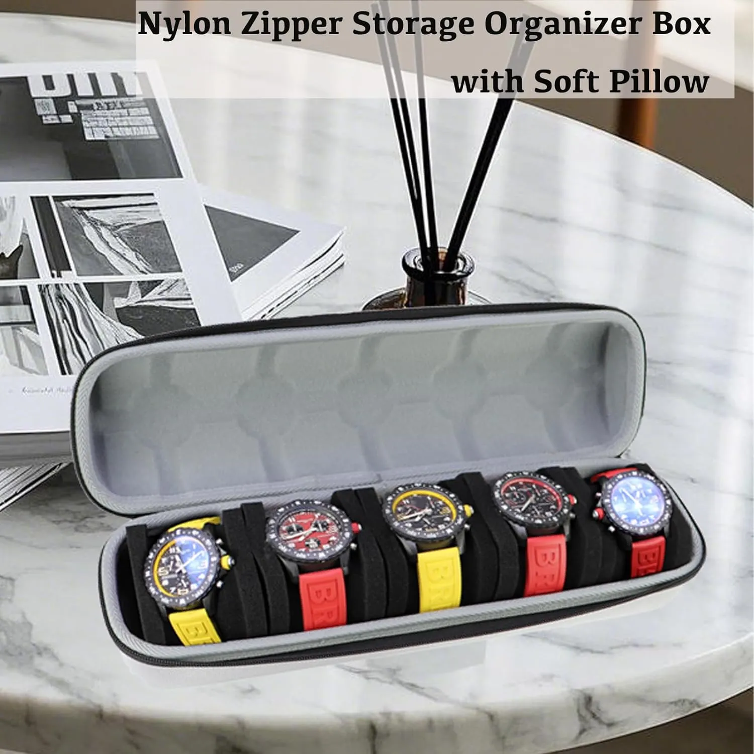 Juntan 5 Slots Hard Watch Travel Case, Portable Nylon Zipper Storage Organizer Box for Men Women with Soft Compressible Foam Pillow Black Silver (Silver, 5 Slots Nylon)