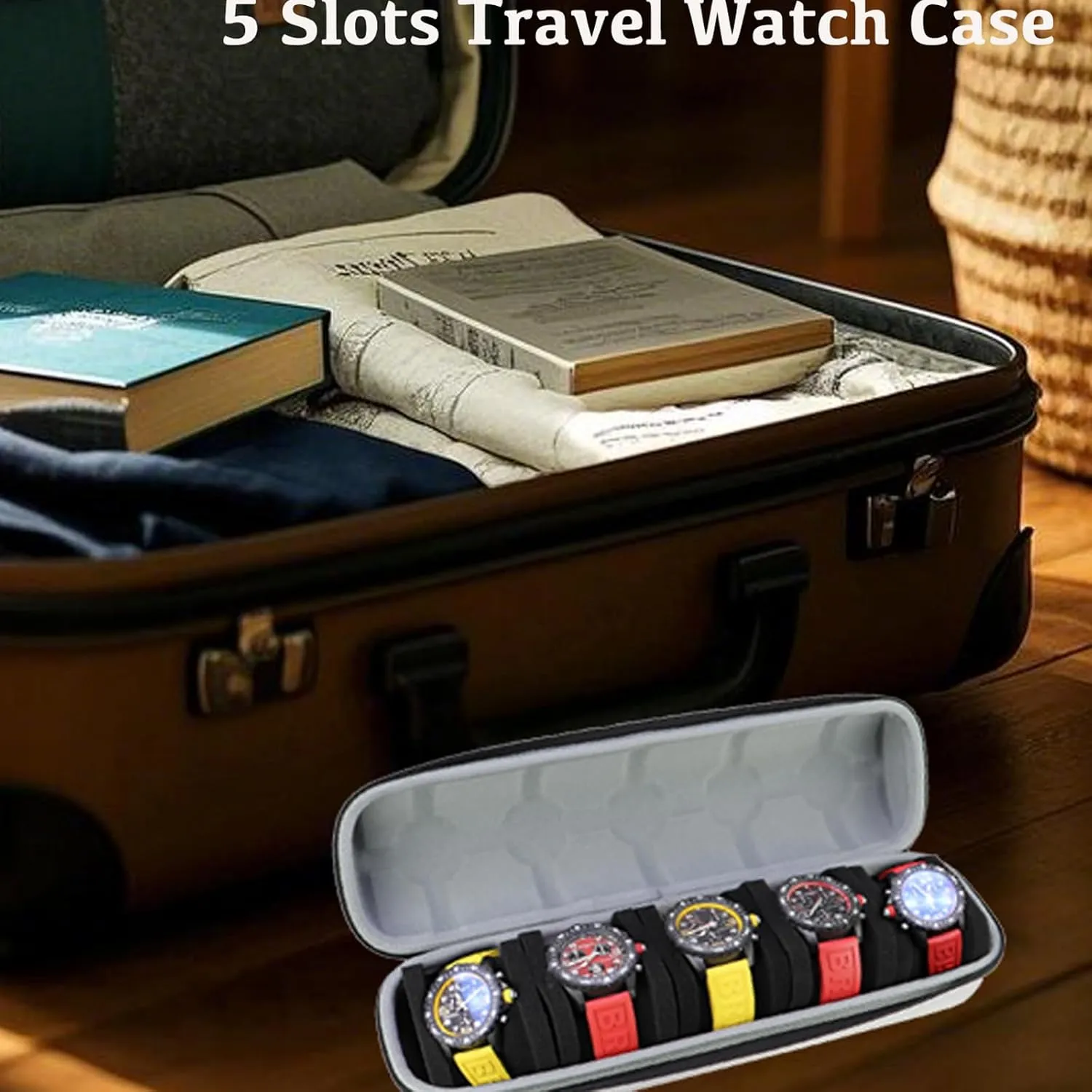 Juntan 5 Slots Hard Watch Travel Case, Portable Nylon Zipper Storage Organizer Box for Men Women with Soft Compressible Foam Pillow Black Silver (Silver, 5 Slots Nylon)
