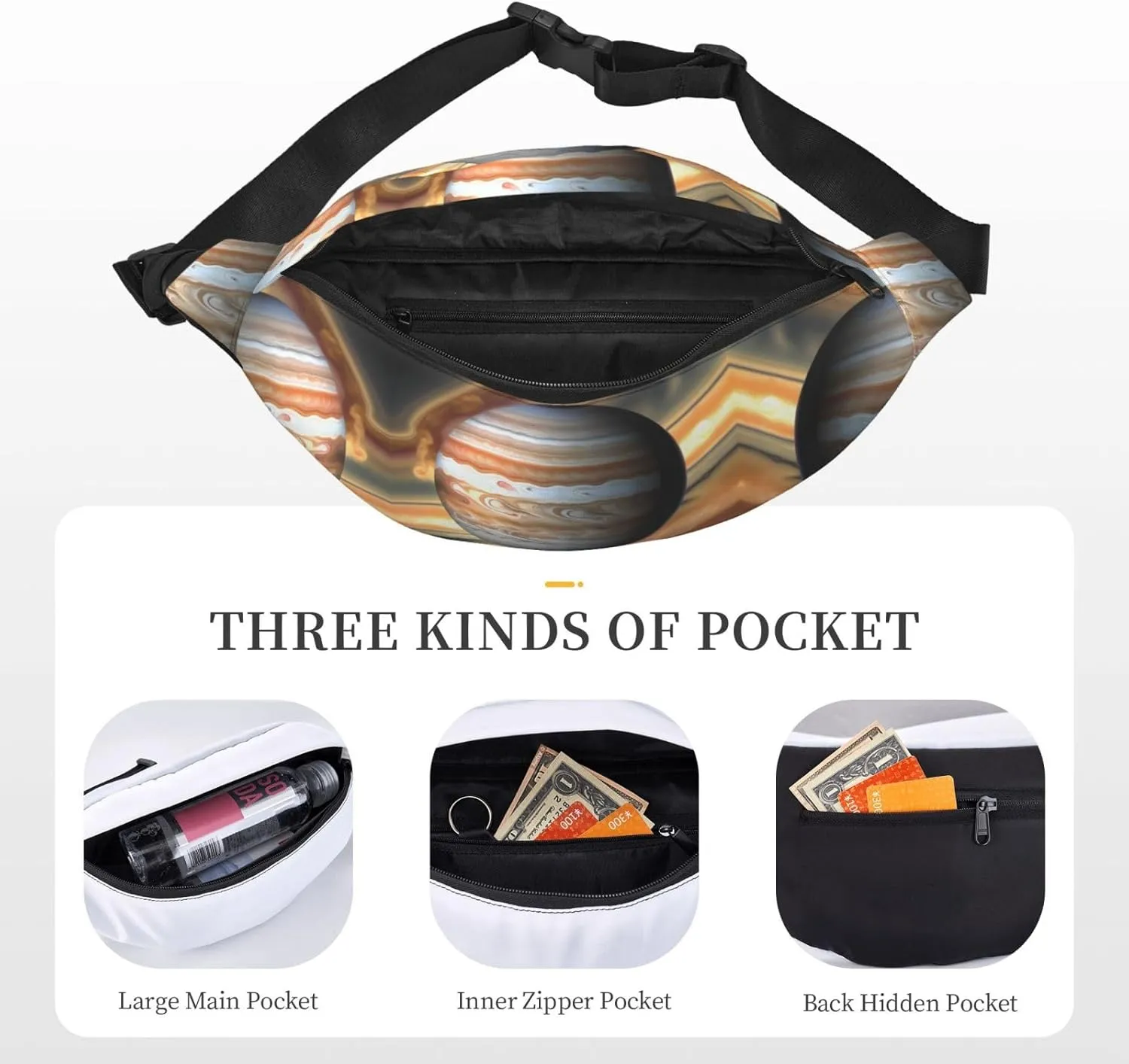 Jupiter Landscape Print Large Crossbody Fanny Pack, Cute Waterproof Waist Pack Belt Bag For Men, Women, Stylish Running Accessory