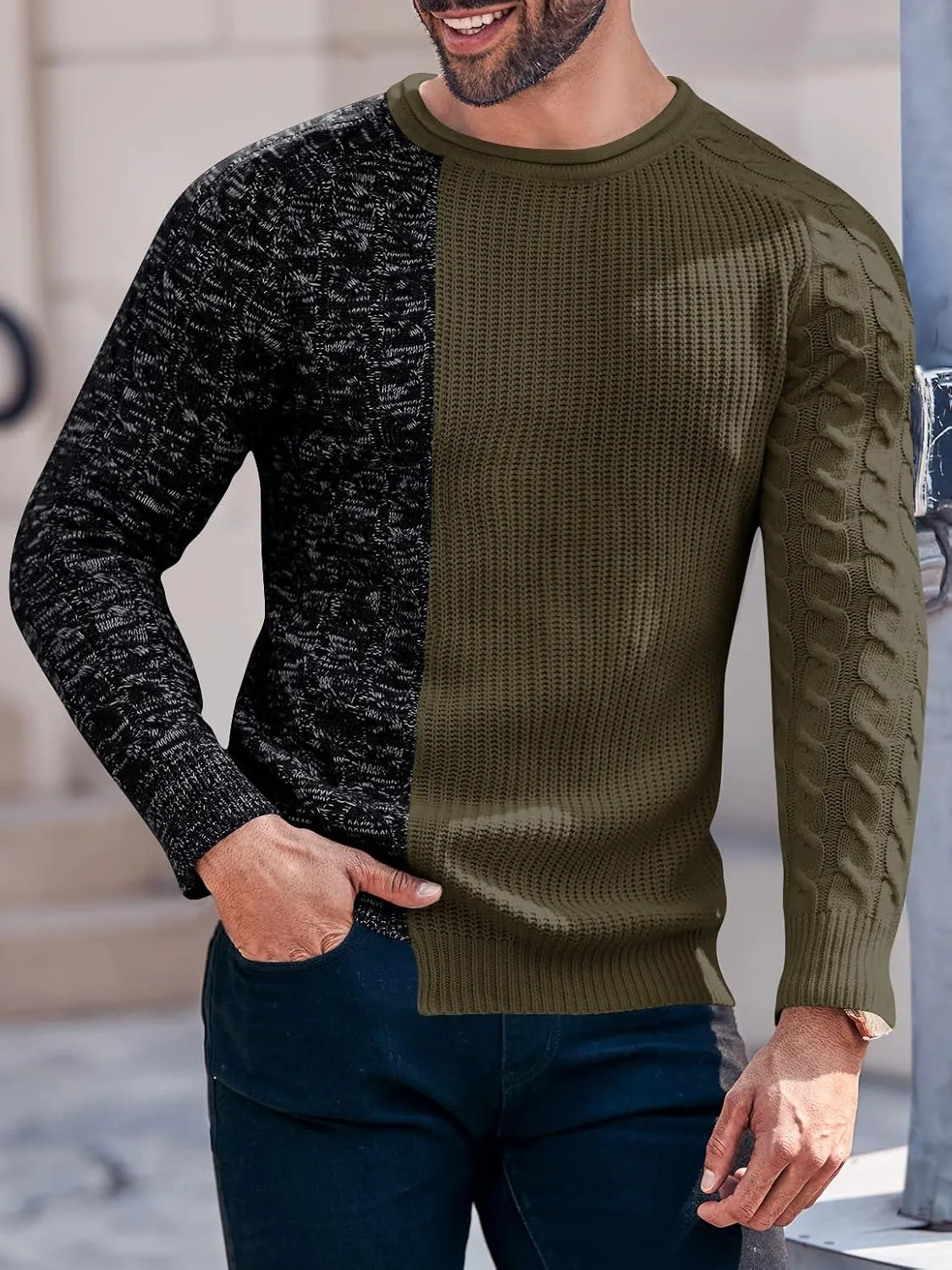 Karlywindow Men's Crew Neck Pullover Sweaters Slim Fit Long Sleeve Ribbed Knitted Twisted Warm Cozy Jumpers Sweater