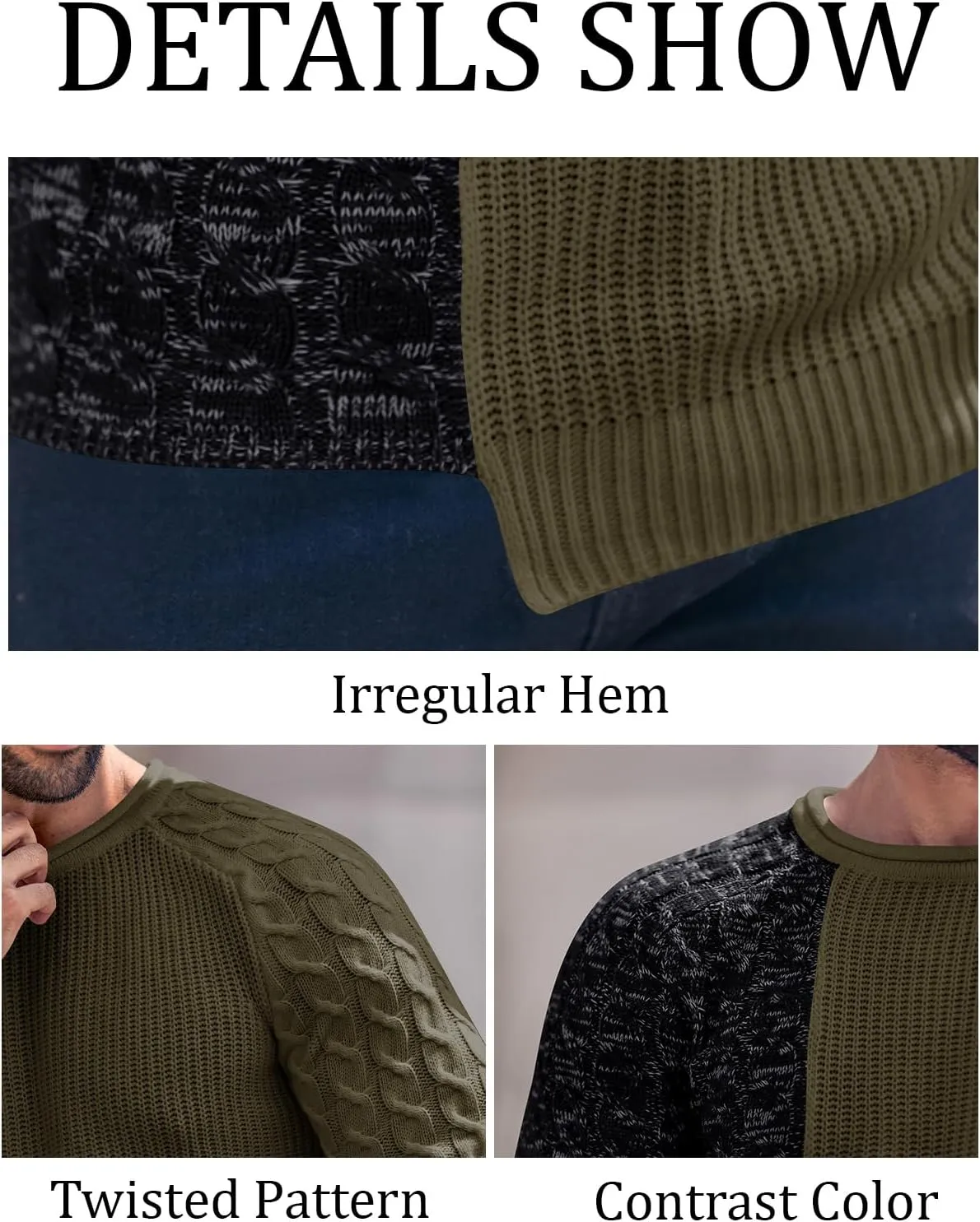 Karlywindow Men's Crew Neck Pullover Sweaters Slim Fit Long Sleeve Ribbed Knitted Twisted Warm Cozy Jumpers Sweater