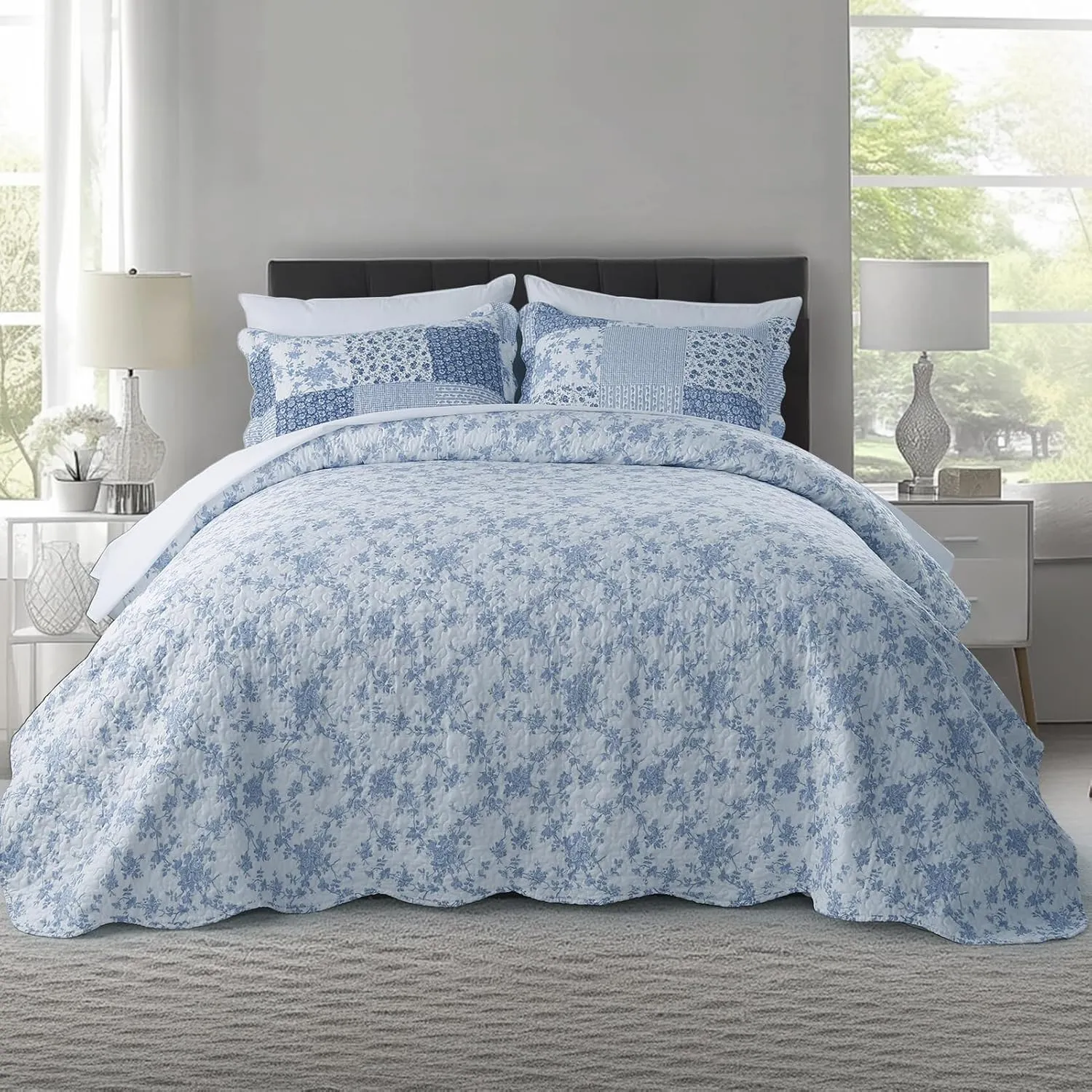 KASENTEX Twin Quilt Set, Reversible Floral Patchwork Bedspread, 2 Pieces Bedding Sets with 1 Sham, Soft Lightweight Coverlet, All-Season (Blue Floral Patchwork, 86"x68")