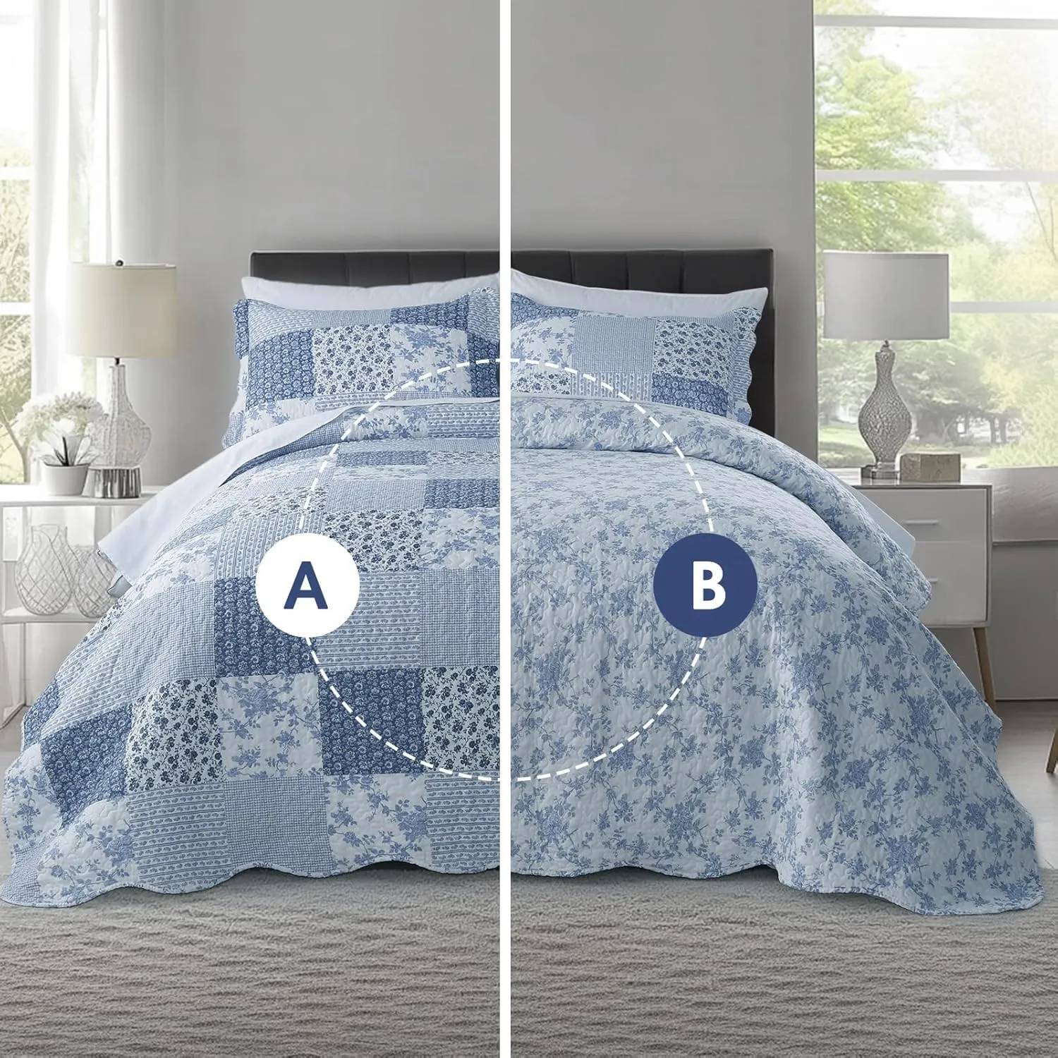 KASENTEX Twin Quilt Set, Reversible Floral Patchwork Bedspread, 2 Pieces Bedding Sets with 1 Sham, Soft Lightweight Coverlet, All-Season (Blue Floral Patchwork, 86"x68")