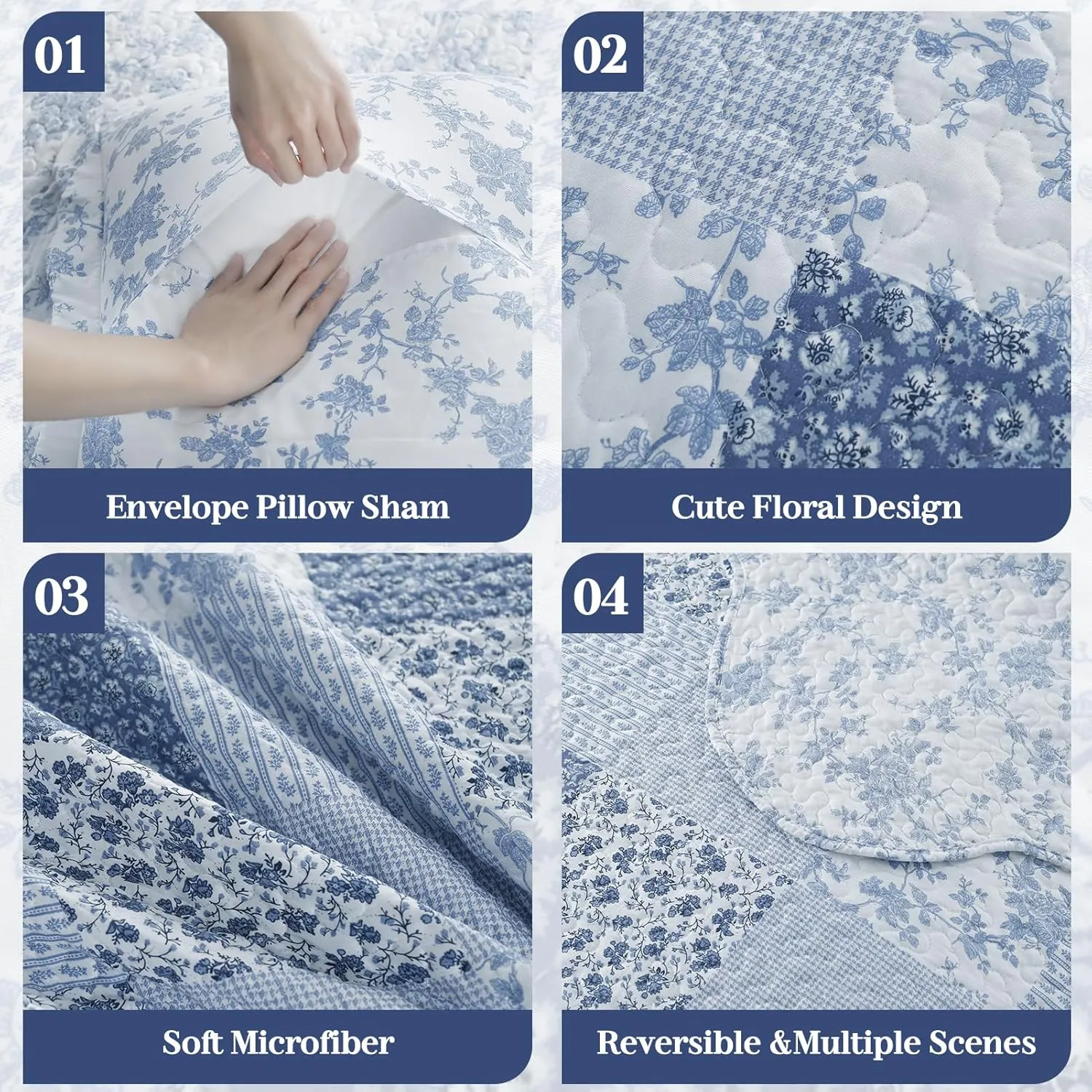 KASENTEX Twin Quilt Set, Reversible Floral Patchwork Bedspread, 2 Pieces Bedding Sets with 1 Sham, Soft Lightweight Coverlet, All-Season (Blue Floral Patchwork, 86"x68")