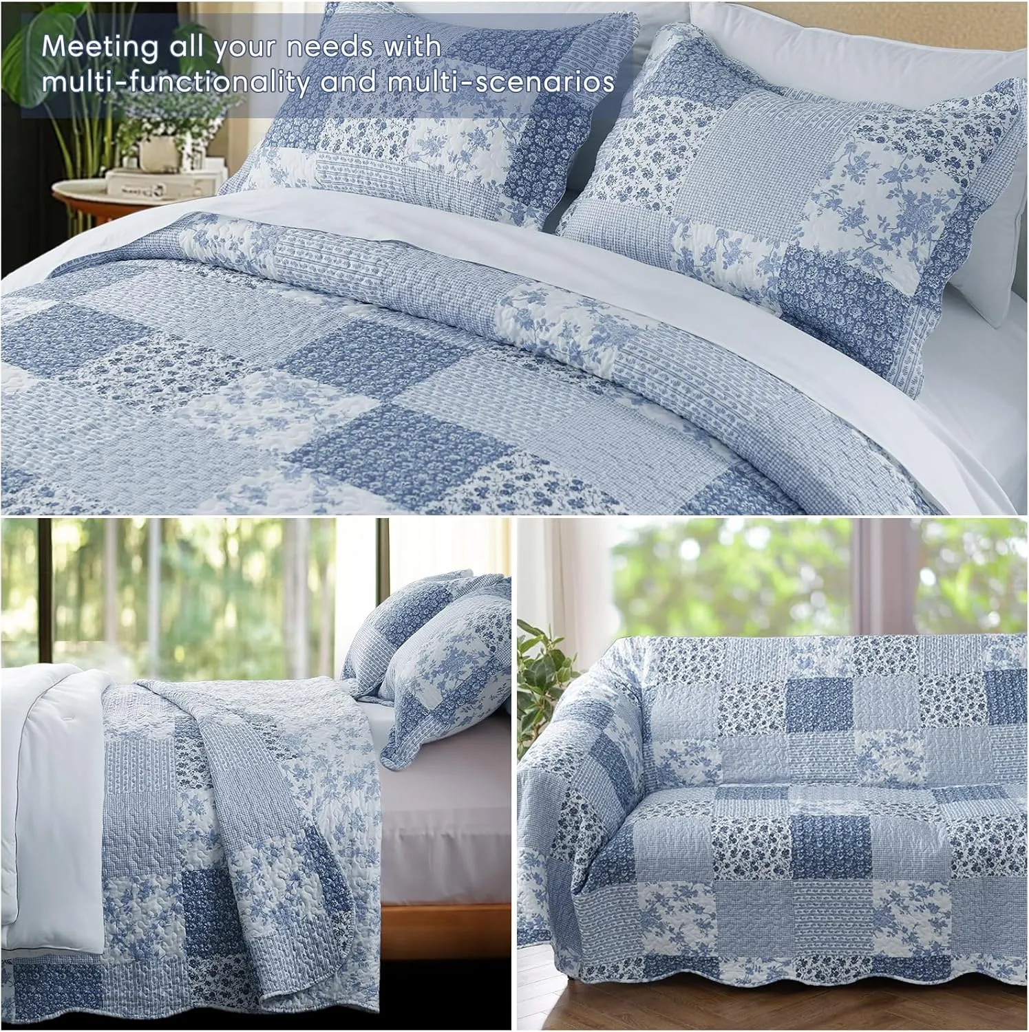 KASENTEX Twin Quilt Set, Reversible Floral Patchwork Bedspread, 2 Pieces Bedding Sets with 1 Sham, Soft Lightweight Coverlet, All-Season (Blue Floral Patchwork, 86"x68")