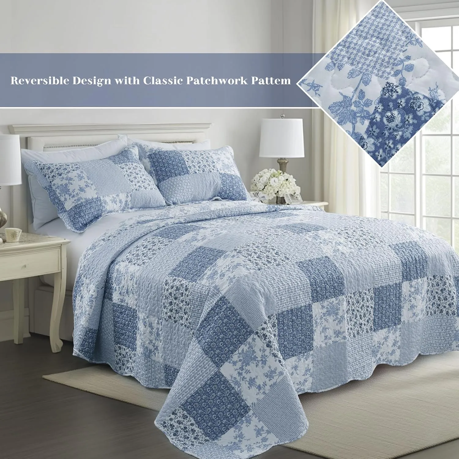 KASENTEX Twin Quilt Set, Reversible Floral Patchwork Bedspread, 2 Pieces Bedding Sets with 1 Sham, Soft Lightweight Coverlet, All-Season (Blue Floral Patchwork, 86"x68")