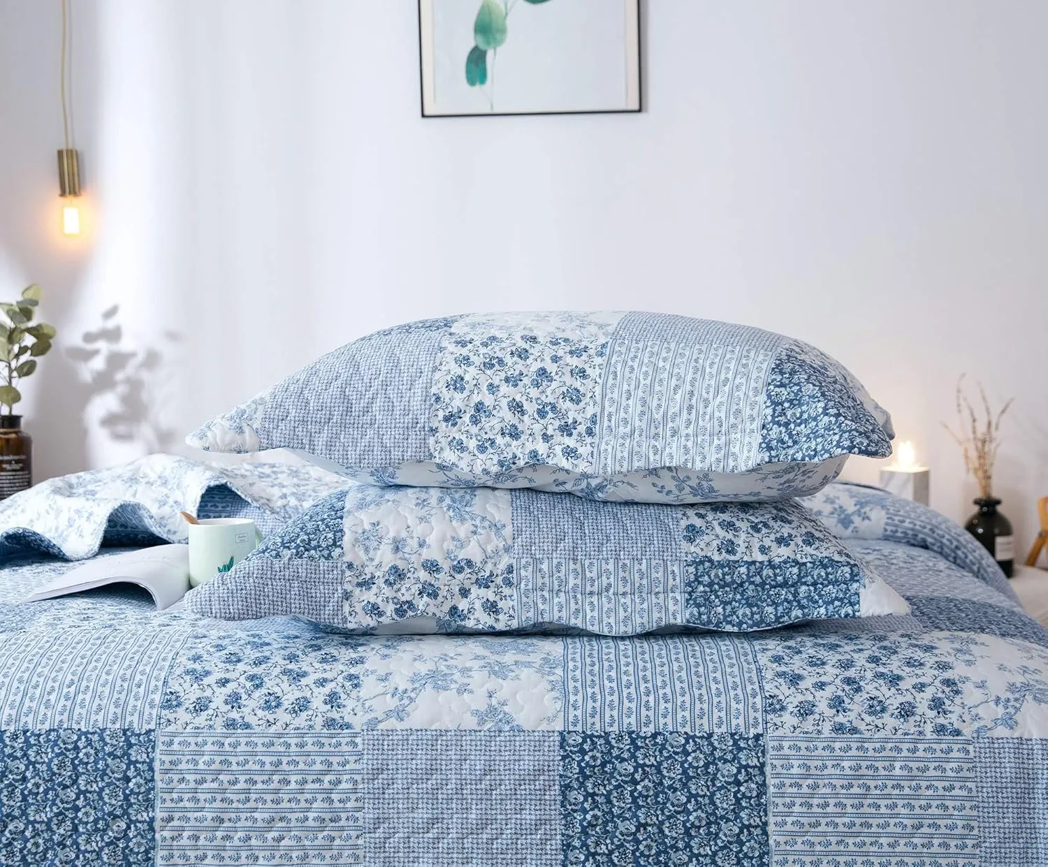 KASENTEX Twin Quilt Set, Reversible Floral Patchwork Bedspread, 2 Pieces Bedding Sets with 1 Sham, Soft Lightweight Coverlet, All-Season (Blue Floral Patchwork, 86"x68")