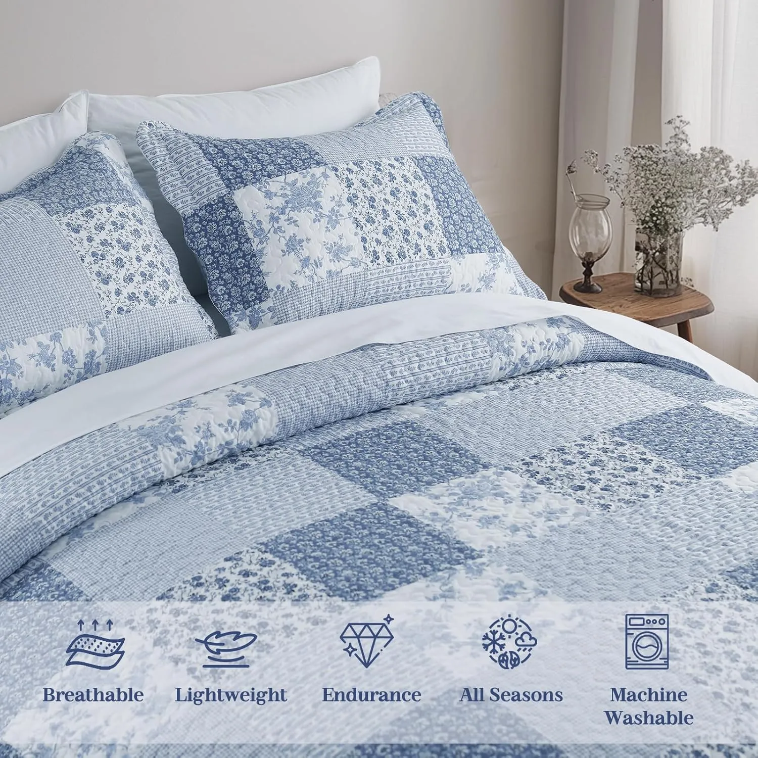 KASENTEX Twin Quilt Set, Reversible Floral Patchwork Bedspread, 2 Pieces Bedding Sets with 1 Sham, Soft Lightweight Coverlet, All-Season (Blue Floral Patchwork, 86"x68")