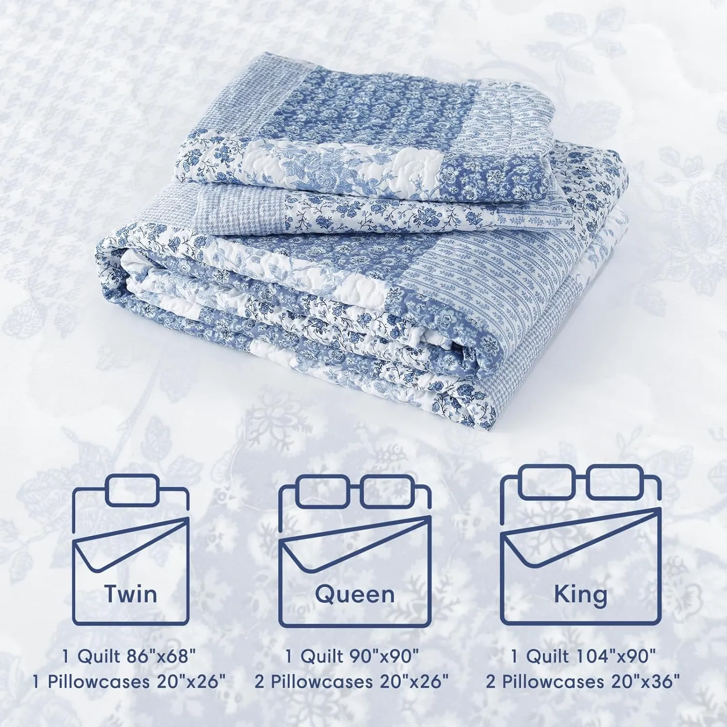 KASENTEX Twin Quilt Set, Reversible Floral Patchwork Bedspread, 2 Pieces Bedding Sets with 1 Sham, Soft Lightweight Coverlet, All-Season (Blue Floral Patchwork, 86"x68")