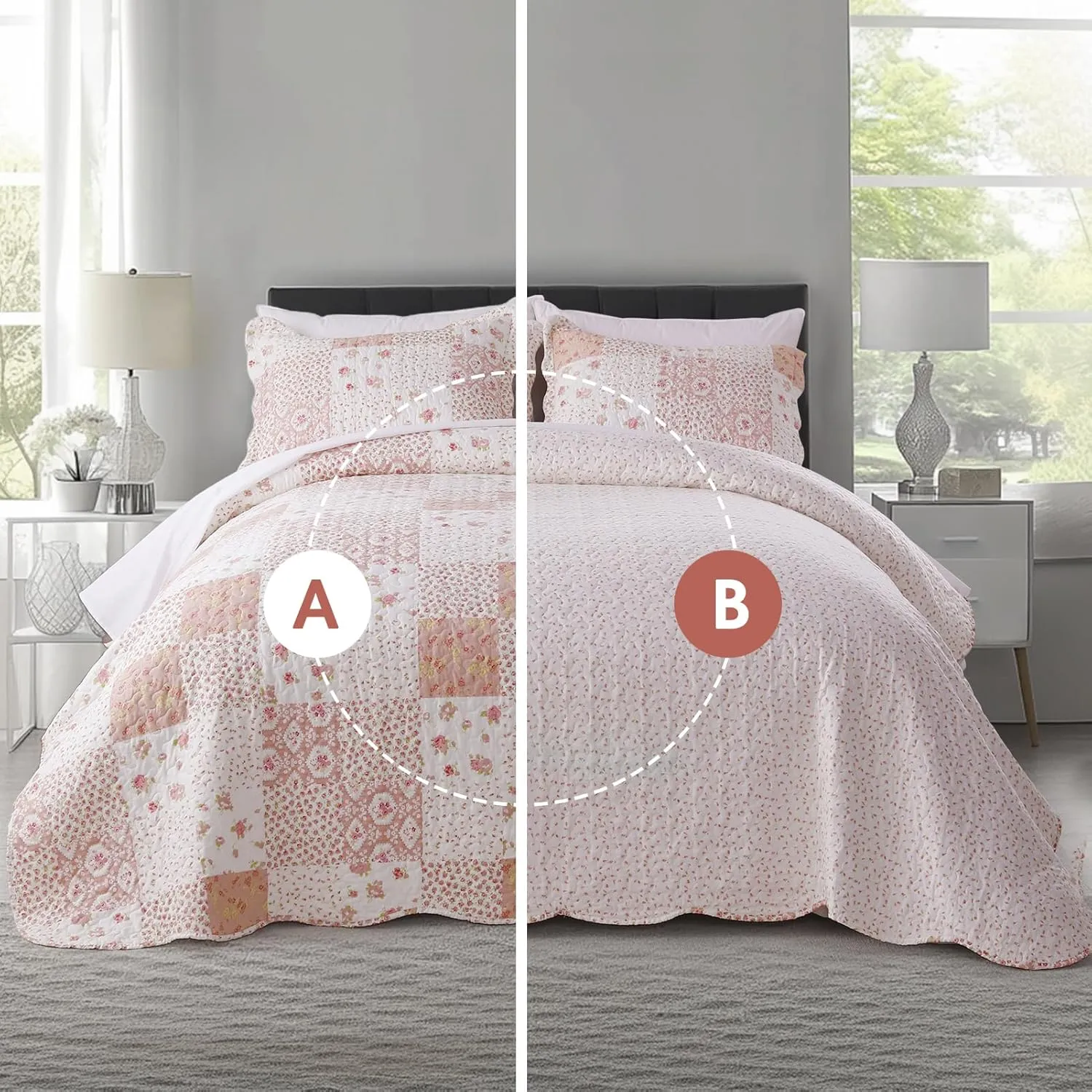 KASENTEX Twin Quilt Set, Reversible Floral Patchwork Bedspread, 2 Pieces Bedding Sets with 1 Sham, Soft Lightweight Coverlet, All-Season (Pink Floral Patchwork, 86"x68")