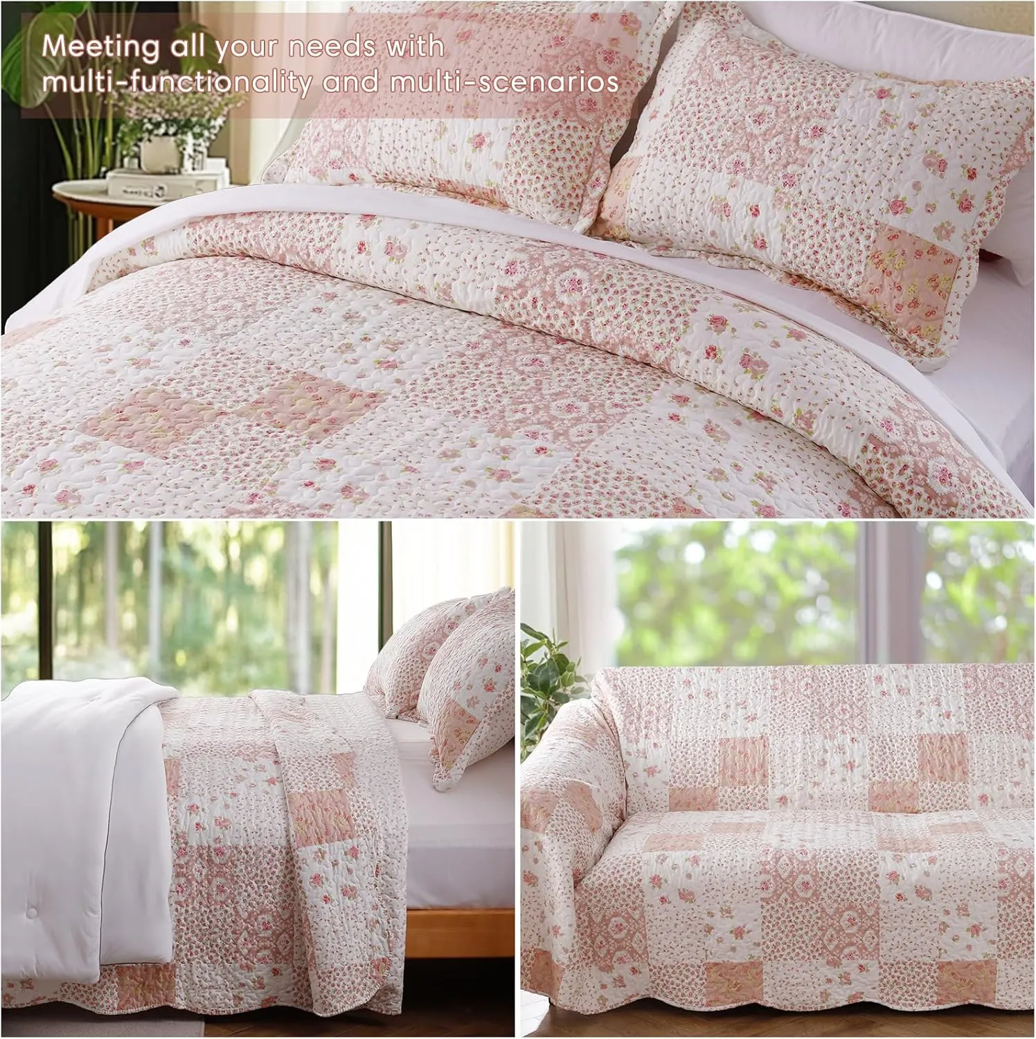 KASENTEX Twin Quilt Set, Reversible Floral Patchwork Bedspread, 2 Pieces Bedding Sets with 1 Sham, Soft Lightweight Coverlet, All-Season (Pink Floral Patchwork, 86"x68")
