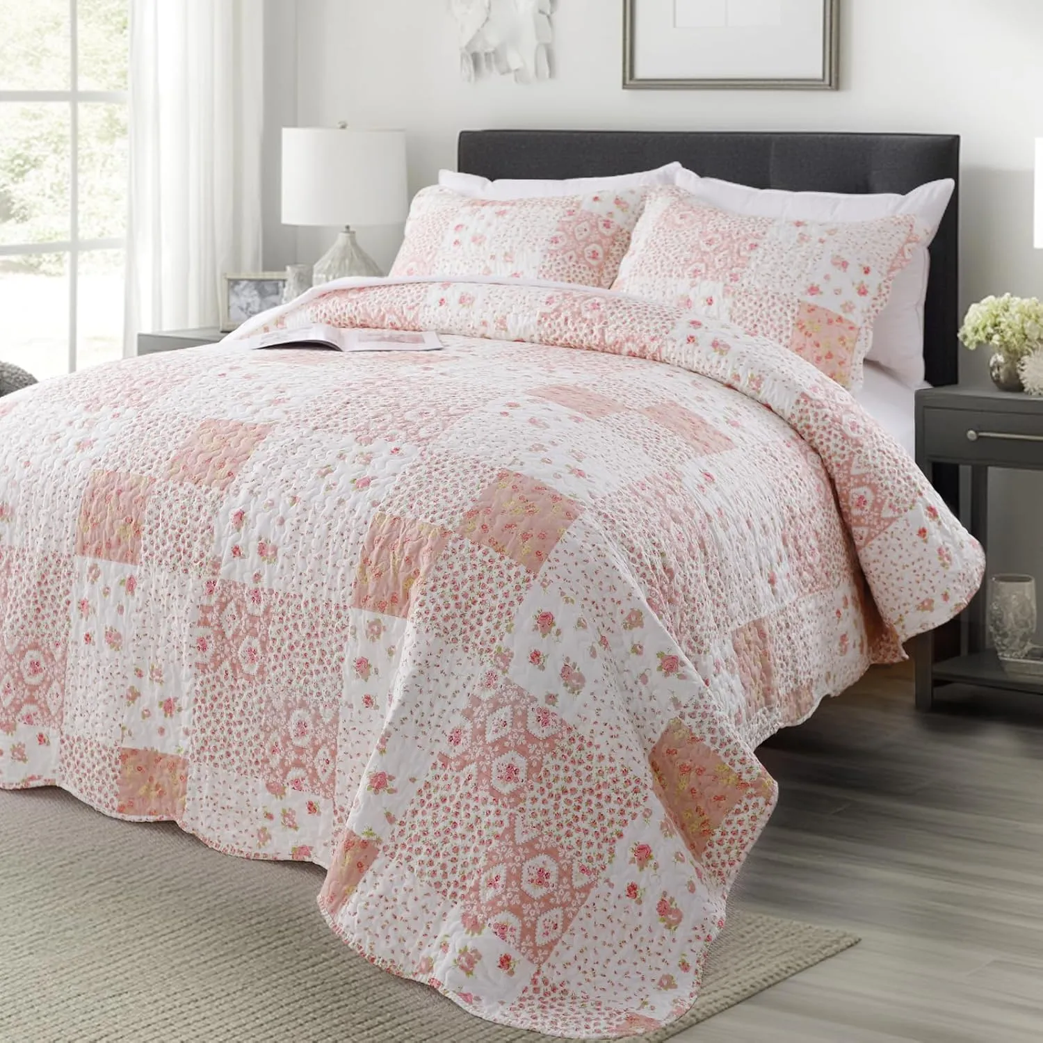 KASENTEX Twin Quilt Set, Reversible Floral Patchwork Bedspread, 2 Pieces Bedding Sets with 1 Sham, Soft Lightweight Coverlet, All-Season (Pink Floral Patchwork, 86"x68")