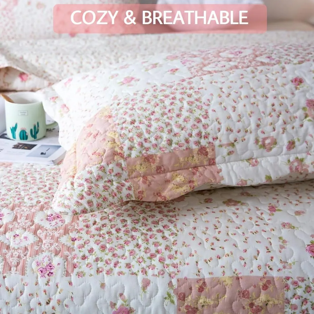 KASENTEX Twin Quilt Set, Reversible Floral Patchwork Bedspread, 2 Pieces Bedding Sets with 1 Sham, Soft Lightweight Coverlet, All-Season (Pink Floral Patchwork, 86"x68")