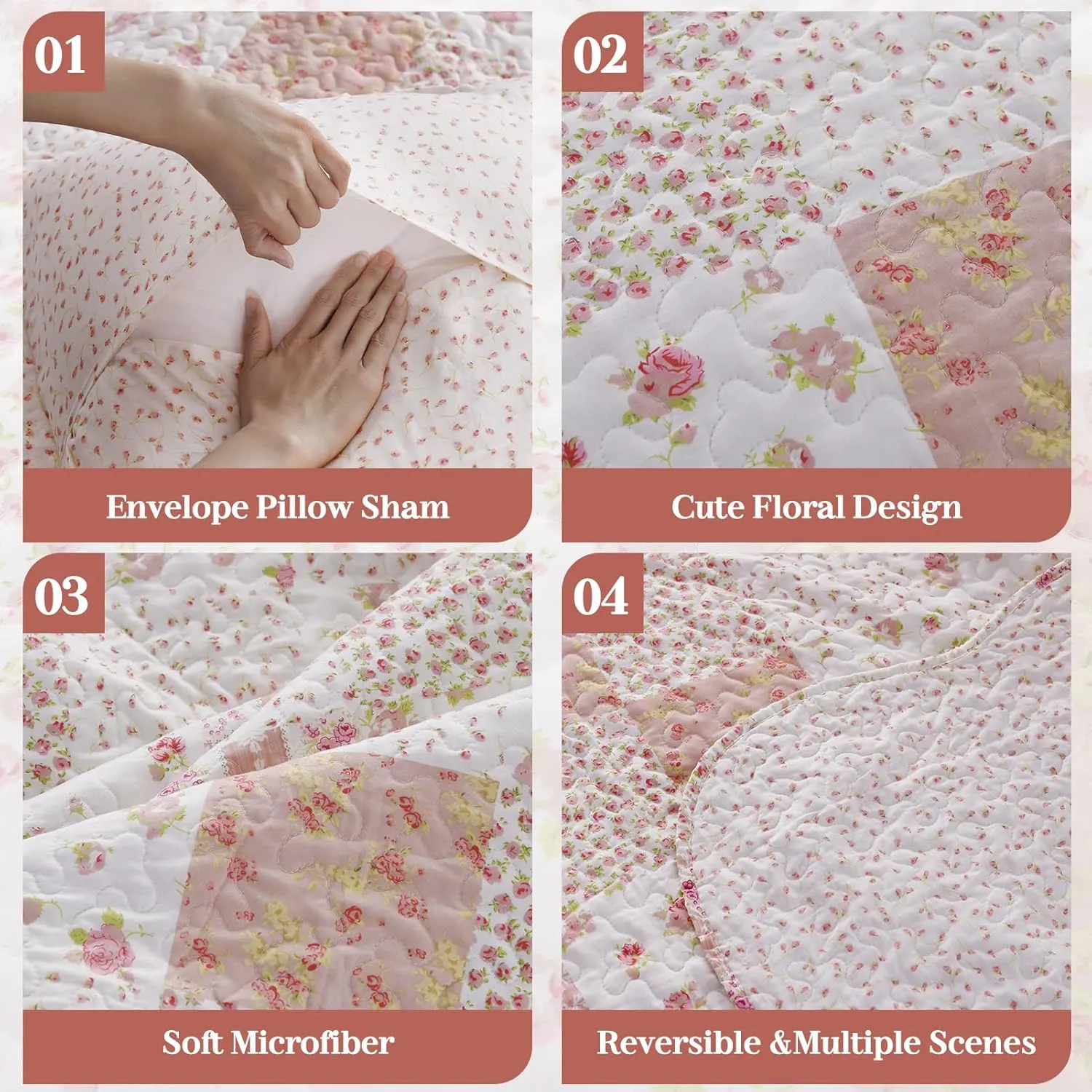 KASENTEX Twin Quilt Set, Reversible Floral Patchwork Bedspread, 2 Pieces Bedding Sets with 1 Sham, Soft Lightweight Coverlet, All-Season (Pink Floral Patchwork, 86"x68")