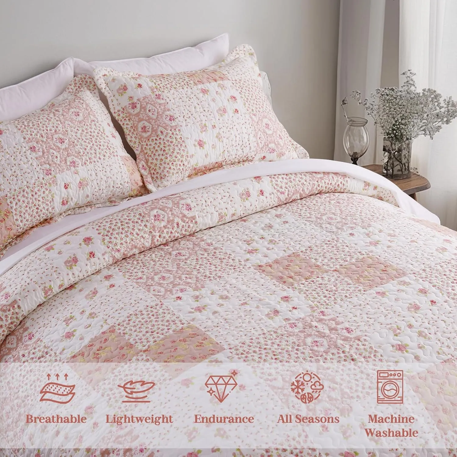 KASENTEX Twin Quilt Set, Reversible Floral Patchwork Bedspread, 2 Pieces Bedding Sets with 1 Sham, Soft Lightweight Coverlet, All-Season (Pink Floral Patchwork, 86"x68")