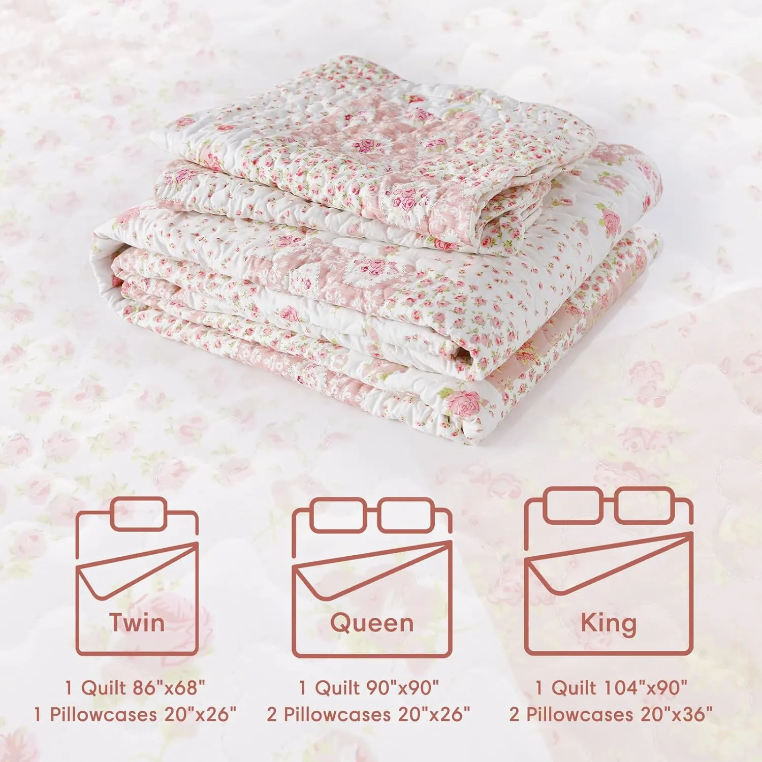 KASENTEX Twin Quilt Set, Reversible Floral Patchwork Bedspread, 2 Pieces Bedding Sets with 1 Sham, Soft Lightweight Coverlet, All-Season (Pink Floral Patchwork, 86"x68")