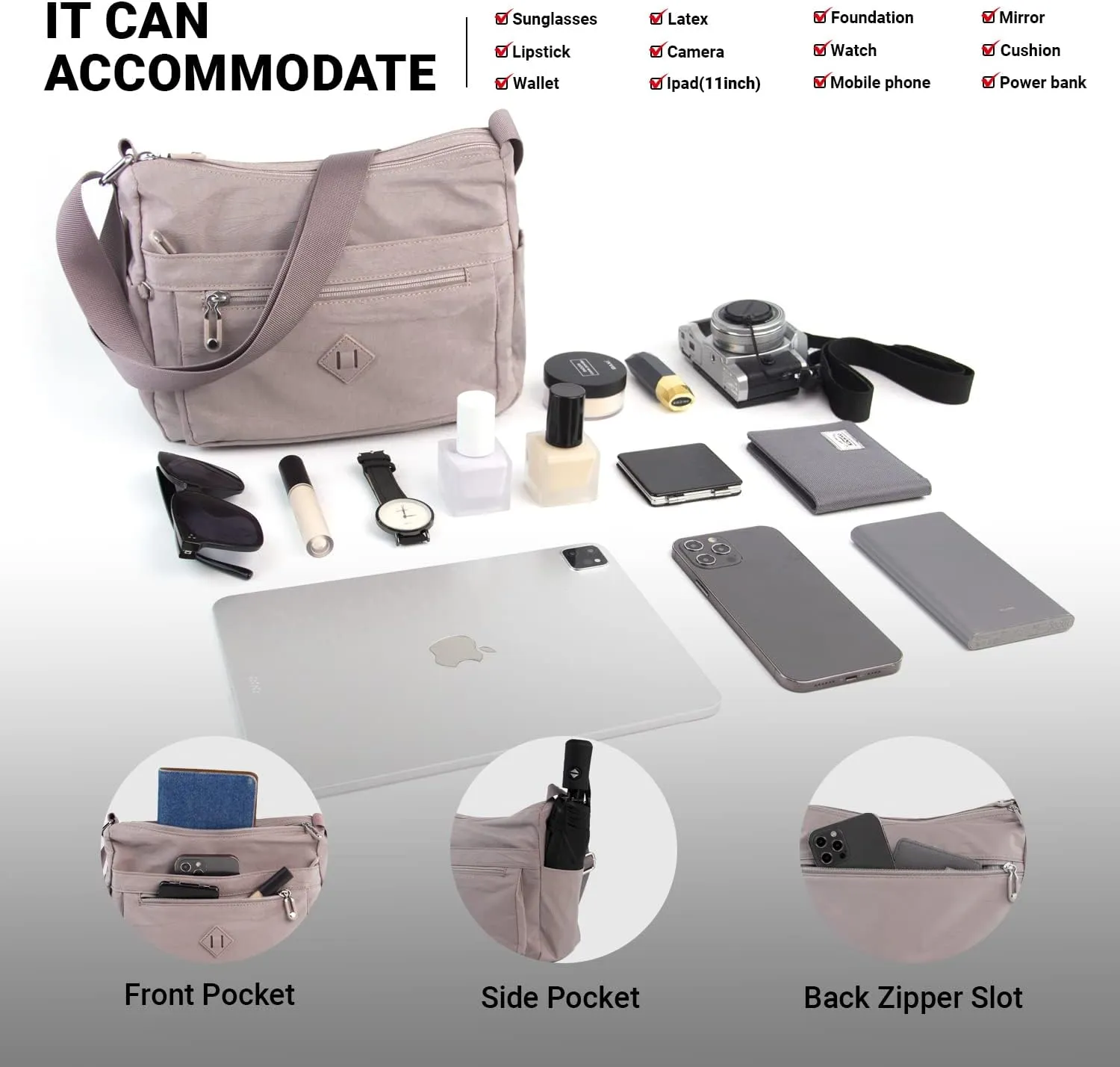 KAUKKO Women Crossbody Bag Handbag Lightweight Shoulder Purse Nylon Multi Pocket Crossbody Bag Ladies Travel Handbag