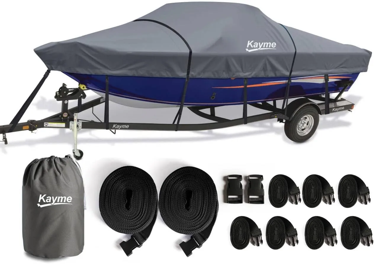 Kayme 1200D Heavy Duty Boat Cover for 16-18.5ft Boats - Waterproof, Tear Resistant with Reinforced Windproof Straps, Ideal for Fishing, Bass, Fish & Ski,V-Hull Boat.