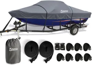 Kayme 1200D Heavy Duty Boat Cover for 16-18.5ft Boats - Waterproof, Tear Resistant with Reinforced Windproof Straps, Ideal for Fishing, Bass, Fish & Ski,V-Hull Boat.
