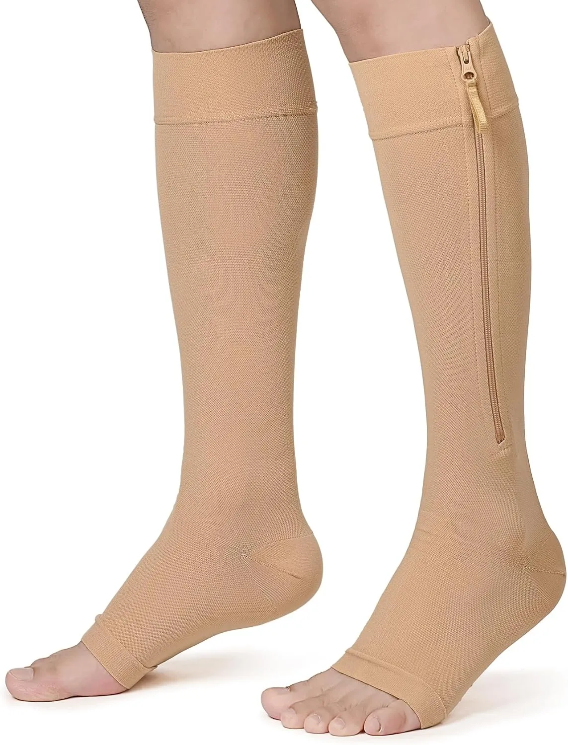 KEKING® Zipper Compression Socks for Men Women, Open Toe, 20-30mmHg Firm Support Knee High Zipper Compression Stockings for Wide Calf - Varicose Veins, DVT, Shin Splints, Edema, Nursing, Beige L