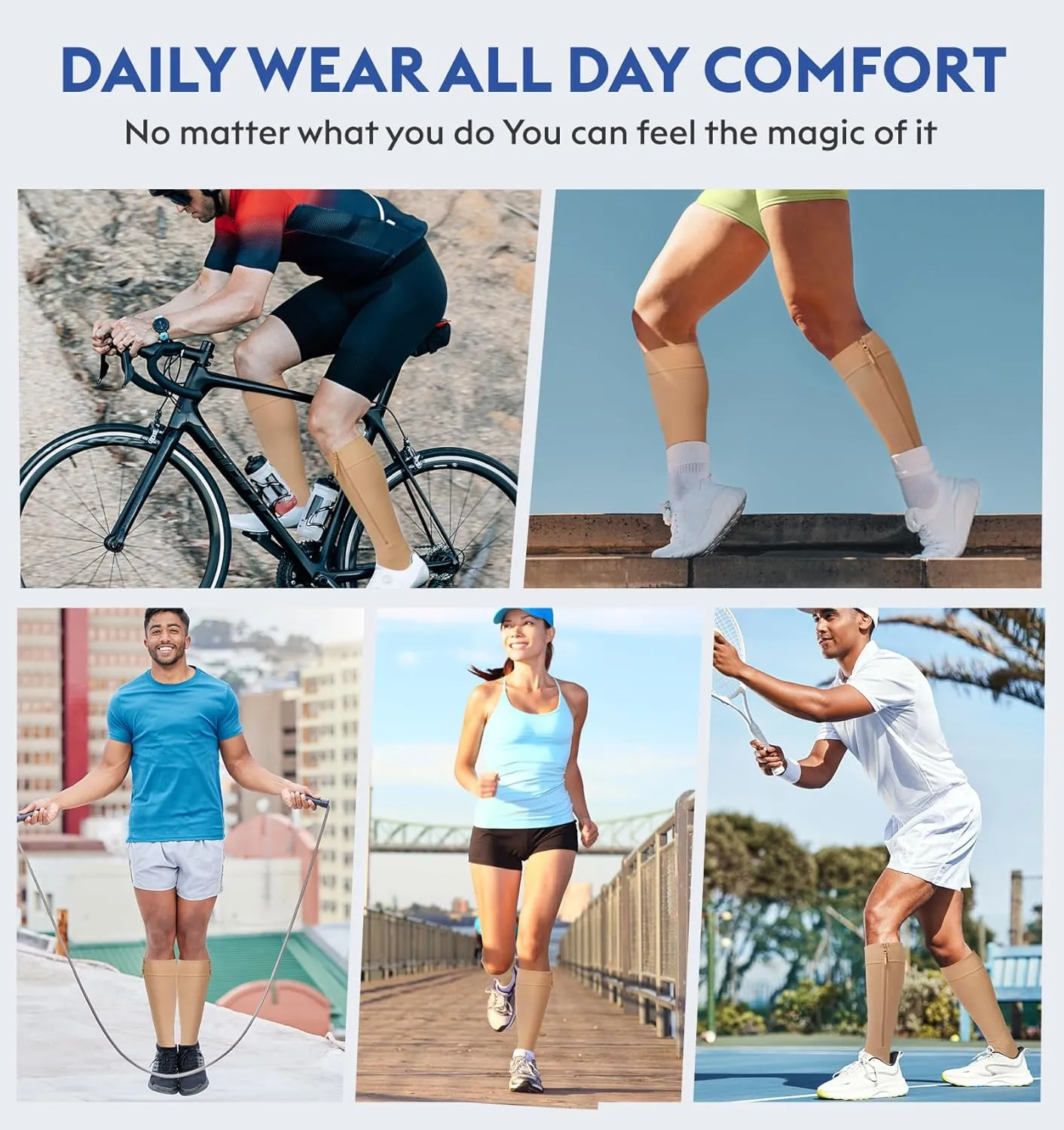 KEKING® Zipper Compression Socks for Men Women, Open Toe, 20-30mmHg Firm Support Knee High Zipper Compression Stockings for Wide Calf - Varicose Veins, DVT, Shin Splints, Edema, Nursing, Beige L
