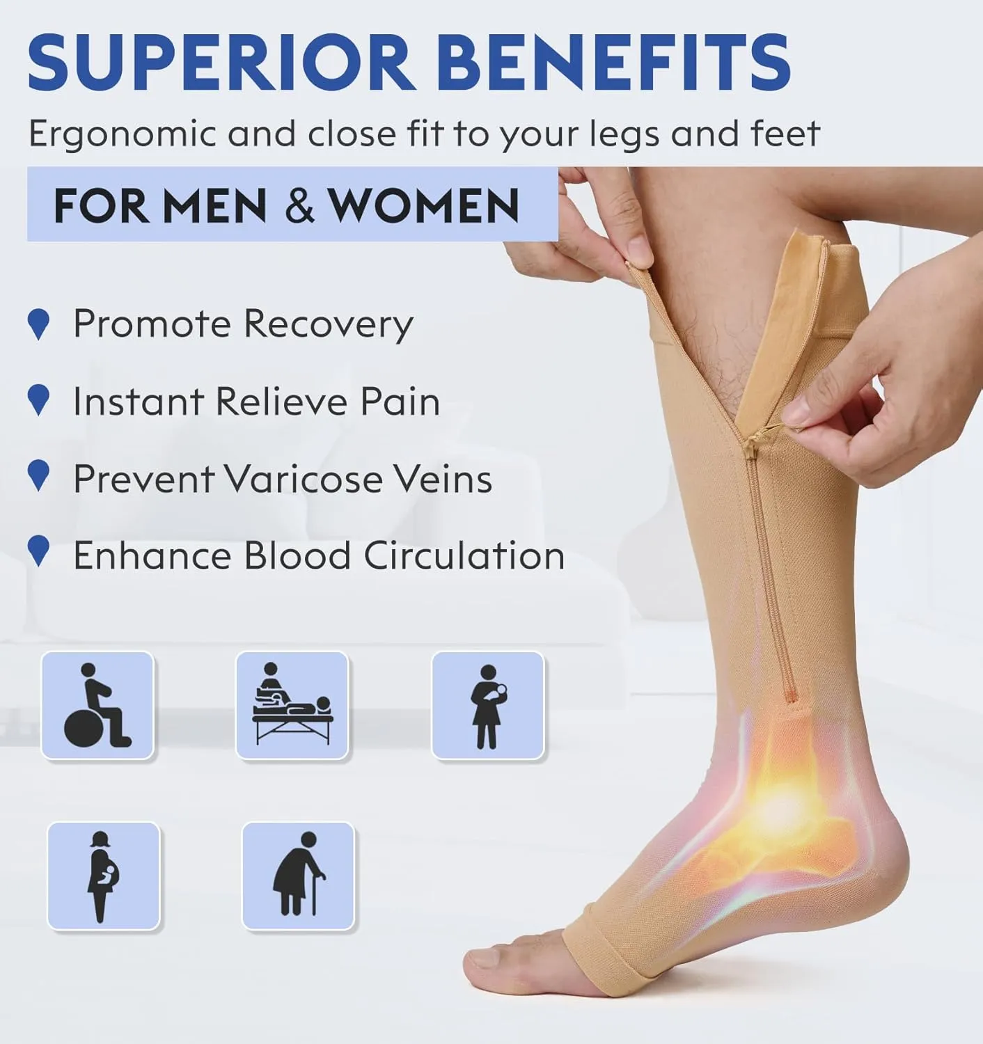 KEKING® Zipper Compression Socks for Men Women, Open Toe, 20-30mmHg Firm Support Knee High Zipper Compression Stockings for Wide Calf - Varicose Veins, DVT, Shin Splints, Edema, Nursing, Beige L