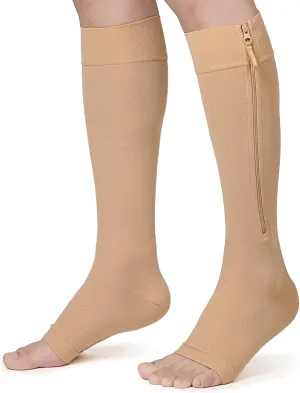 KEKING® Zipper Compression Socks for Men Women, Open Toe, 20-30mmHg Firm Support Knee High Zipper Compression Stockings for Wide Calf - Varicose Veins, DVT, Shin Splints, Edema, Nursing, Beige L