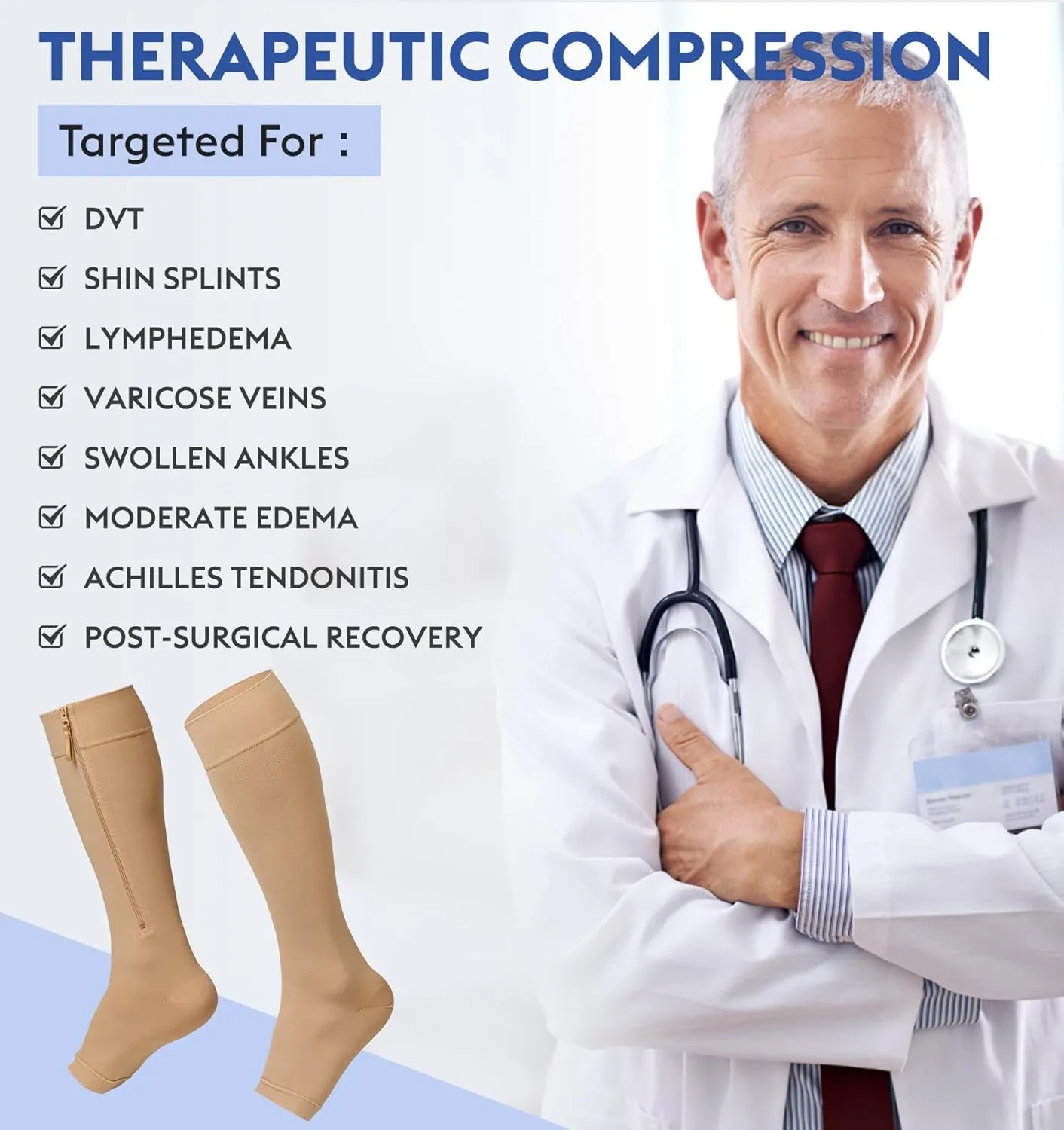 KEKING® Zipper Compression Socks for Men Women, Open Toe, 20-30mmHg Firm Support Knee High Zipper Compression Stockings for Wide Calf - Varicose Veins, DVT, Shin Splints, Edema, Nursing, Beige L