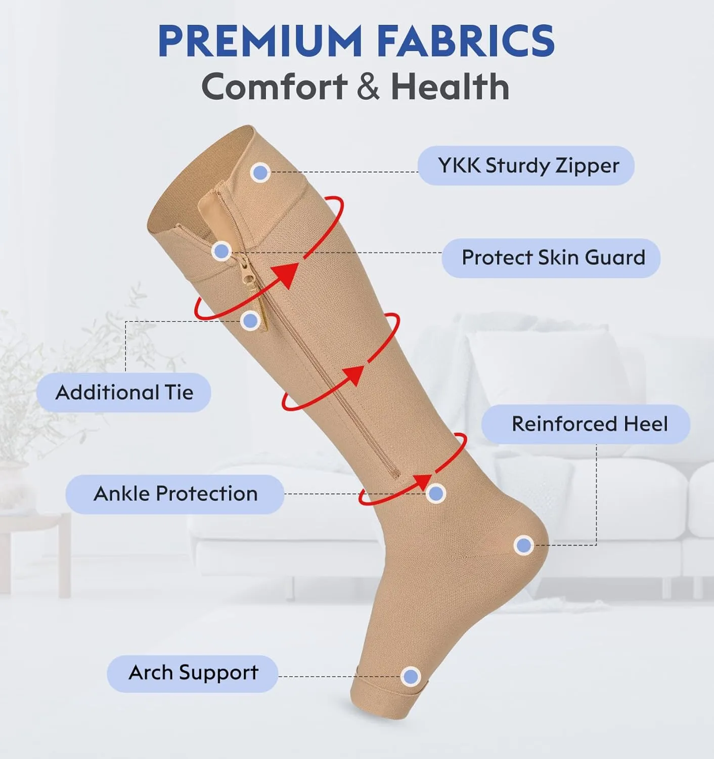 KEKING® Zipper Compression Socks for Men Women, Open Toe, 20-30mmHg Firm Support Knee High Zipper Compression Stockings for Wide Calf - Varicose Veins, DVT, Shin Splints, Edema, Nursing, Beige L