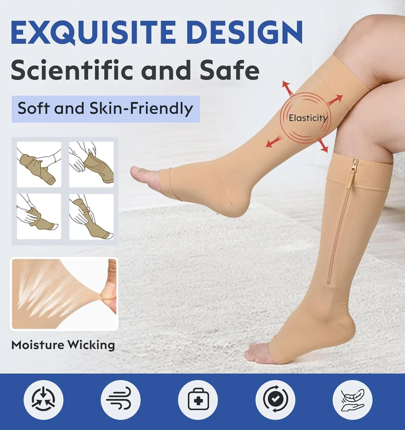 KEKING® Zipper Compression Socks for Men Women, Open Toe, 20-30mmHg Firm Support Knee High Zipper Compression Stockings for Wide Calf - Varicose Veins, DVT, Shin Splints, Edema, Nursing, Beige L