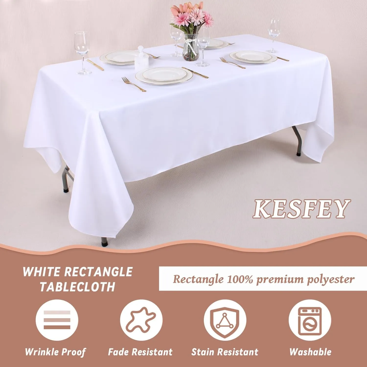Kesfey 4 Packs White Polyester Table Cloth 60 x102 inch Washable Wrinkle Resistant Tablecloths Fabric Table Covers for 6 Foot Rectangle Tables High Density Banquet Tablecloth for Wedding Celebration