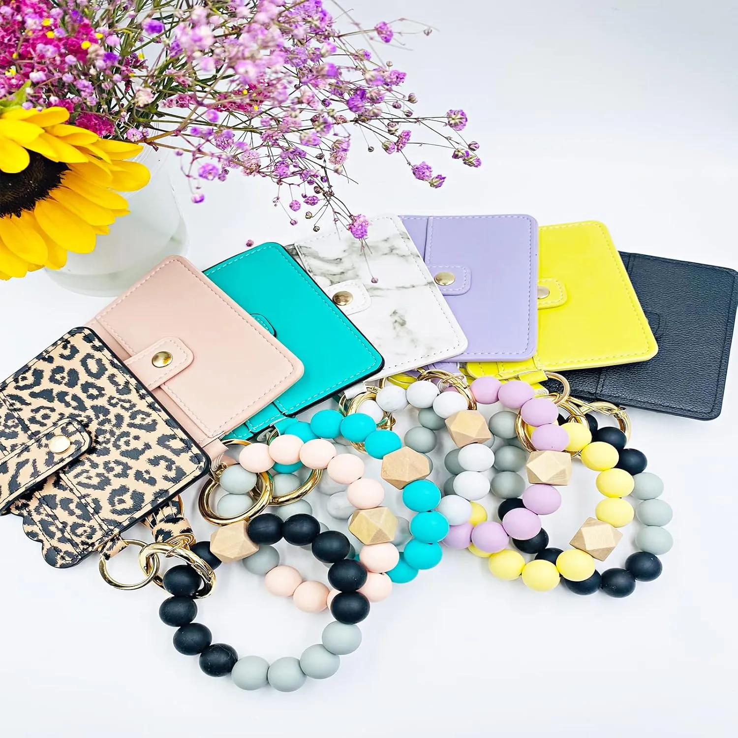 Keychain Wallet Wristlet Small Credit Card Holder Bracelet Key Chain Purse Bangle Tassel Beads Key Rings for Women