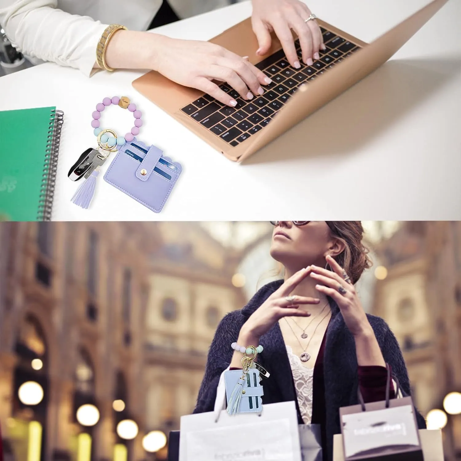 Keychain Wallet Wristlet Small Credit Card Holder Bracelet Key Chain Purse Bangle Tassel Beads Key Rings for Women