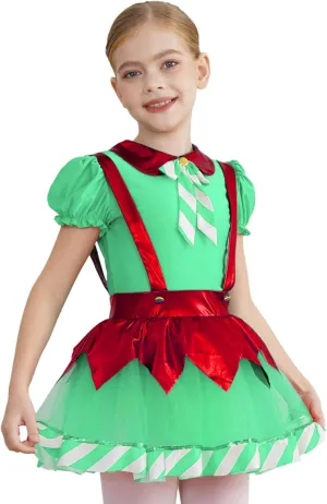 Kids Girls Christmas Dance Dress Puff Sleeve Tutu Dress Figure Ice Skating Dress Candy Cane Clothes