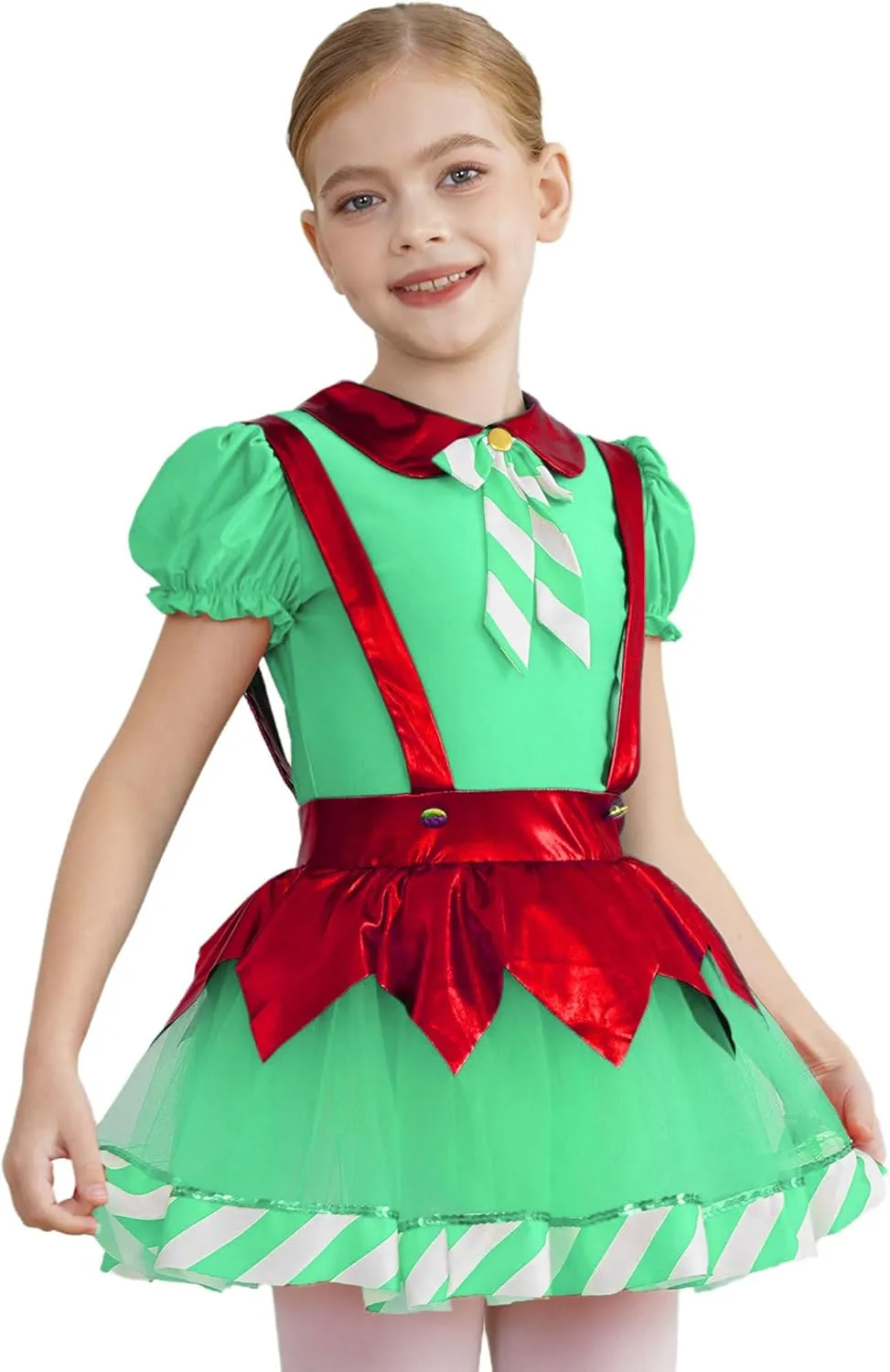 Kids Girls Christmas Dance Dress Puff Sleeve Tutu Dress Figure Ice Skating Dress Candy Cane Clothes