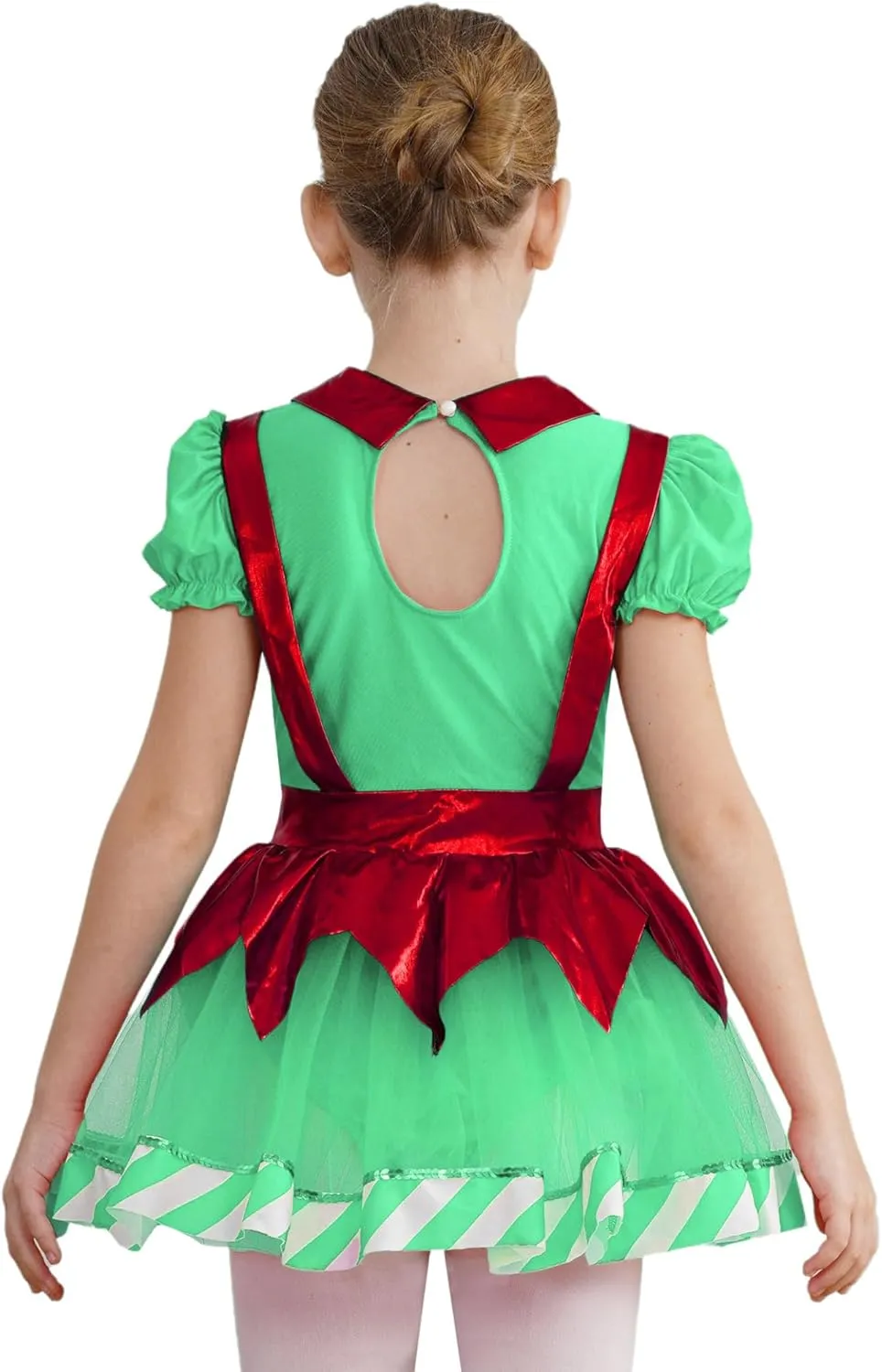 Kids Girls Christmas Dance Dress Puff Sleeve Tutu Dress Figure Ice Skating Dress Candy Cane Clothes