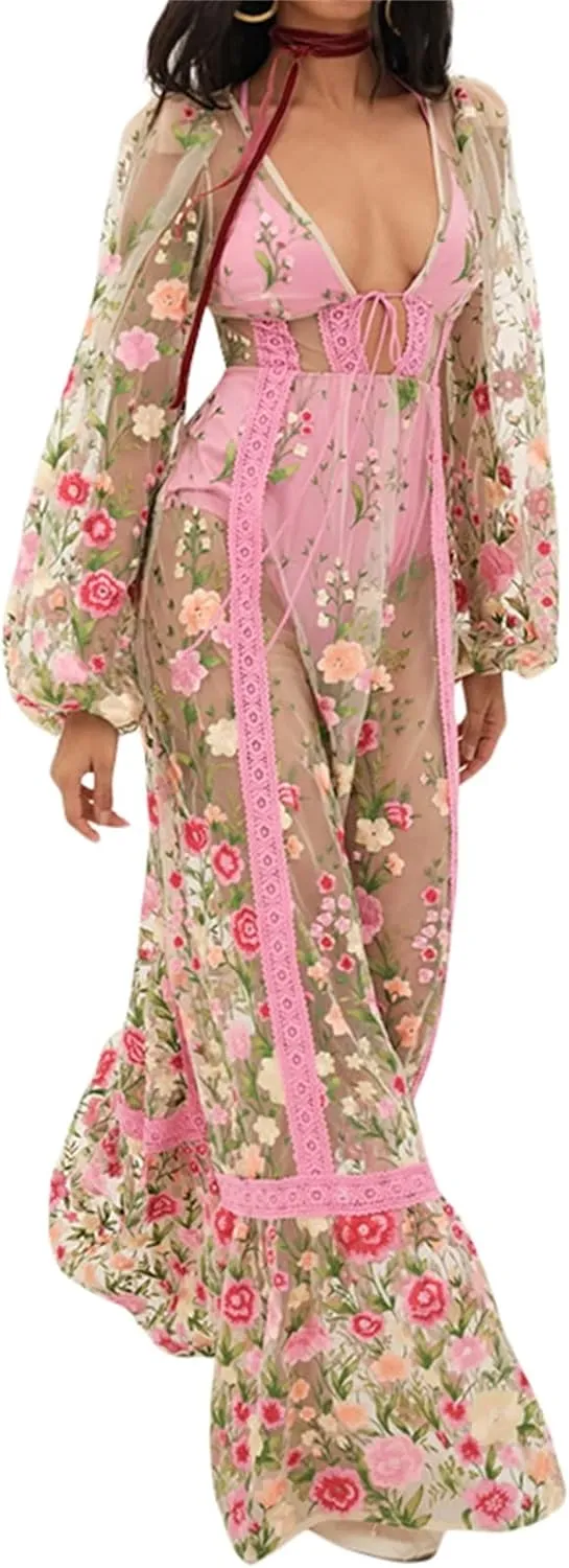 KMBANGI Women Lace Dress Sexy See Through Long Sleeve Mesh Floral Embroidery Long Dress Flowy Cover Up Maxi Dresses