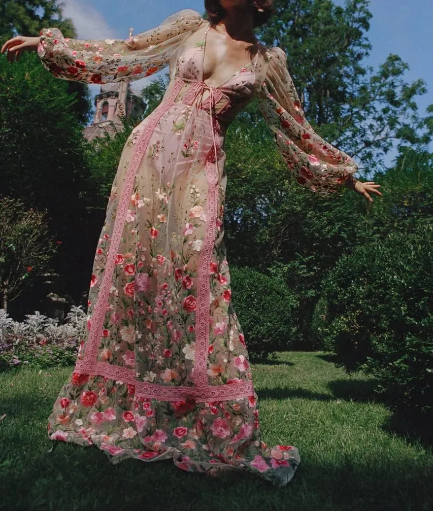 KMBANGI Women Lace Dress Sexy See Through Long Sleeve Mesh Floral Embroidery Long Dress Flowy Cover Up Maxi Dresses