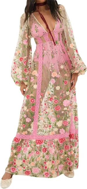 KMBANGI Women Lace Dress Sexy See Through Long Sleeve Mesh Floral Embroidery Long Dress Flowy Cover Up Maxi Dresses