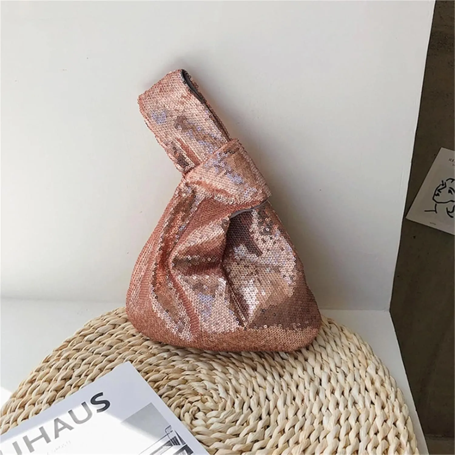 Knot Wrist Bag Portable Women's Knot Wrist Bag Reversible Sequin Glitter Shopping Handbag Mobile Phone Key Storage Tote Bags