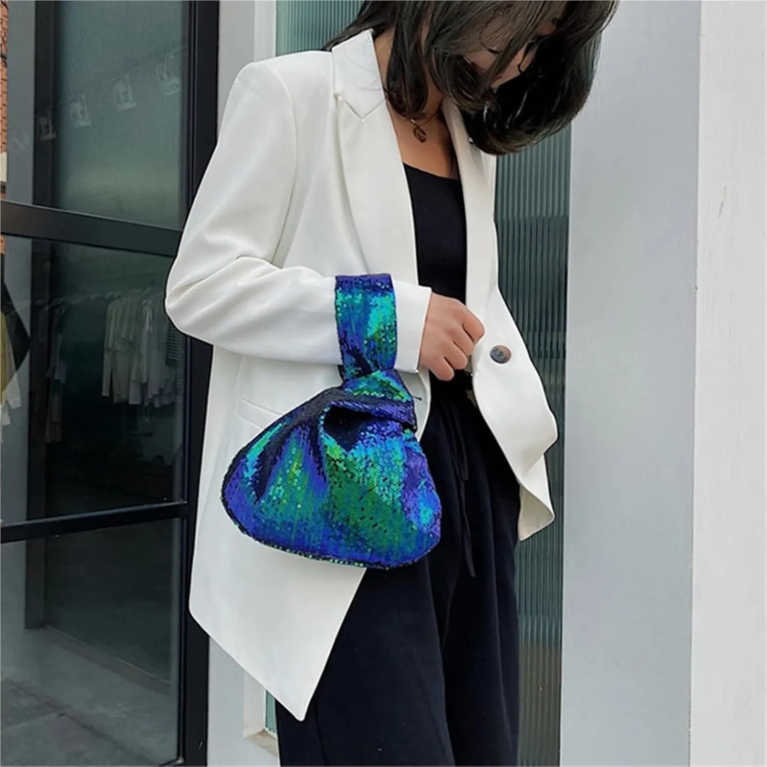 Knot Wrist Bag Portable Women's Knot Wrist Bag Reversible Sequin Glitter Shopping Handbag Mobile Phone Key Storage Tote Bags